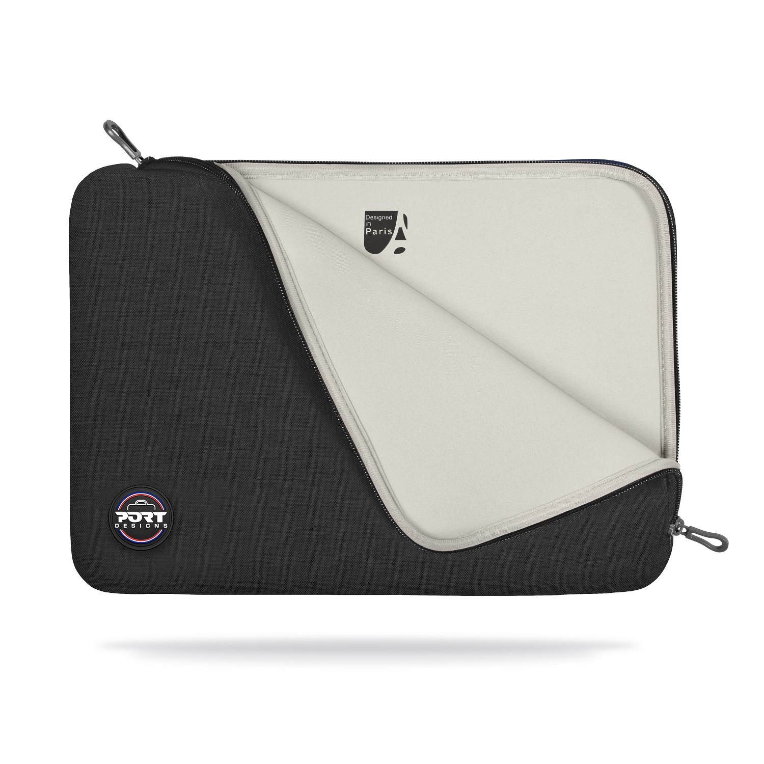 Custodia per laptop nera con cerniera e logo, interno grigio chiaro.