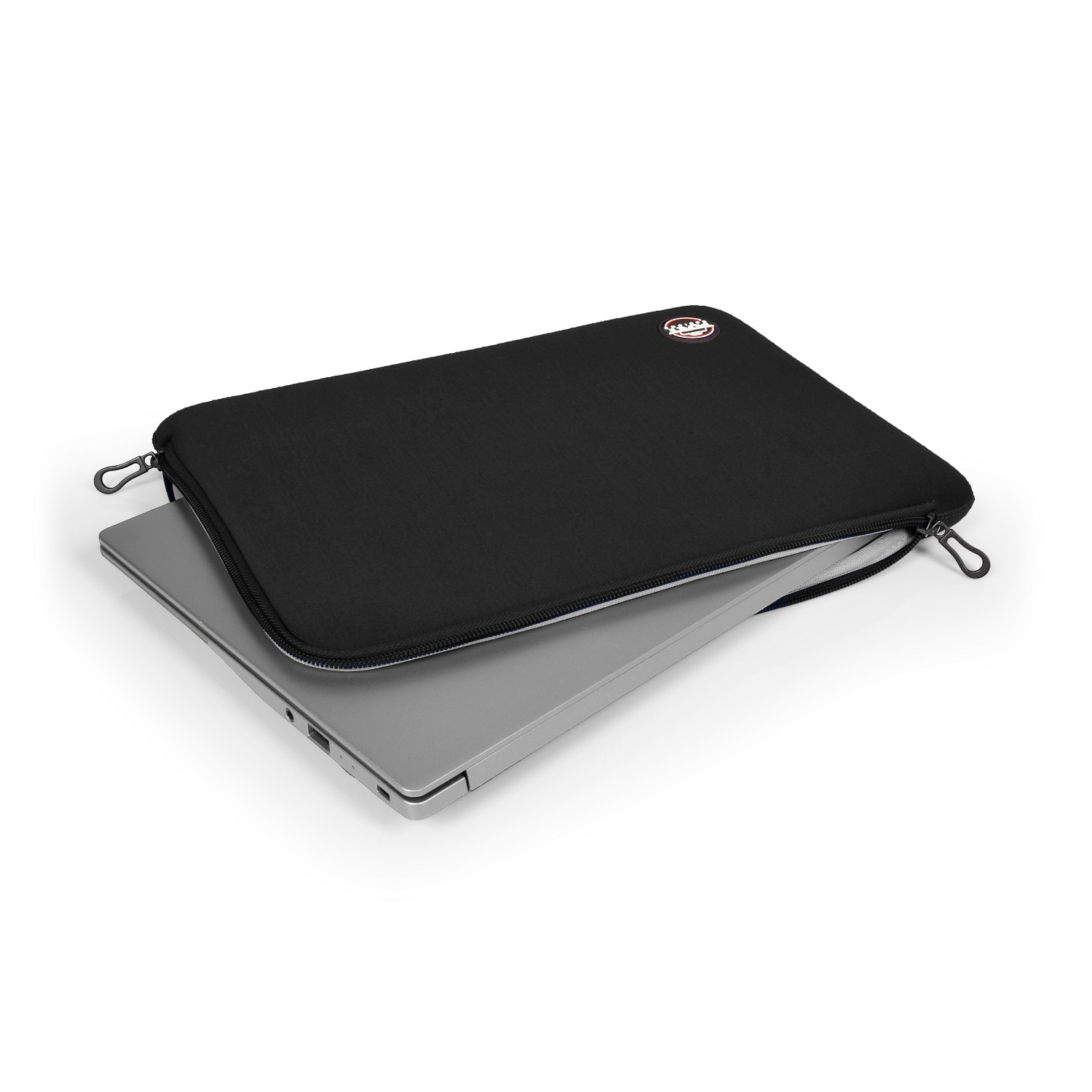 Un laptop in una custodia nera con cerniera, parzialmente aperta.