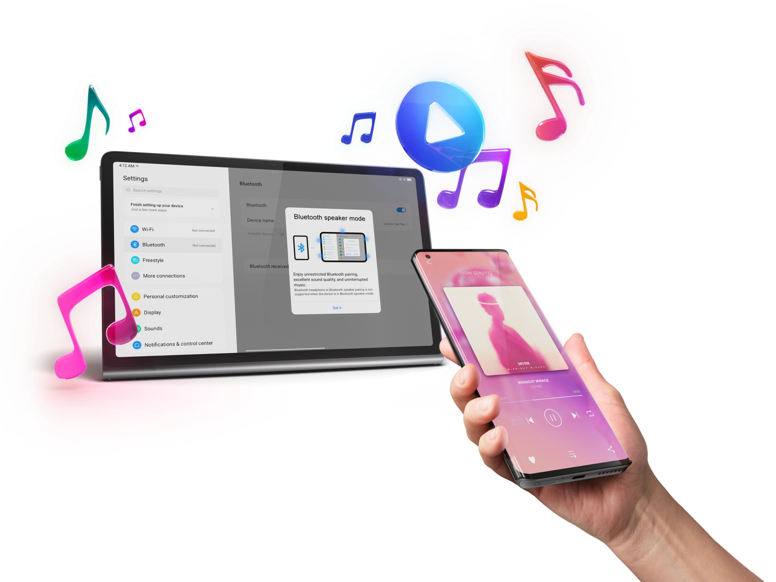 Tablet i telefon połączone z aplikacją muzyczną przez Bluetooth. Kolorowe nuty unoszą się.
