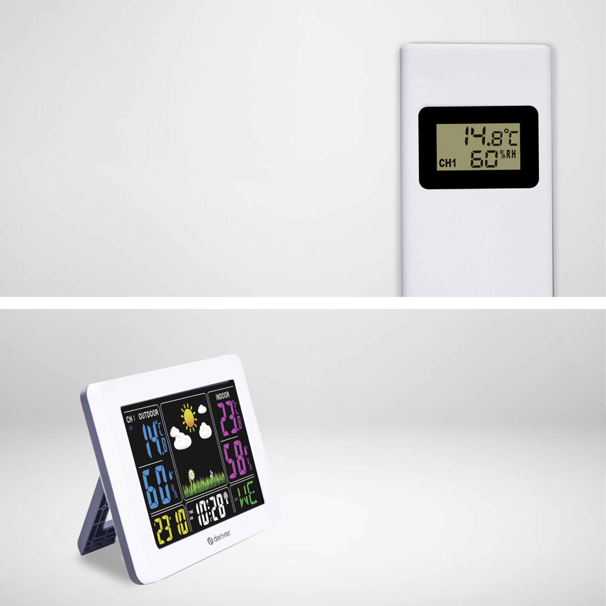 Dwie białe cyfrowe stacje pogodowe. Jedna pokazuje 14.8°C i 60% wilgotności. Druga pokazuje informacje.