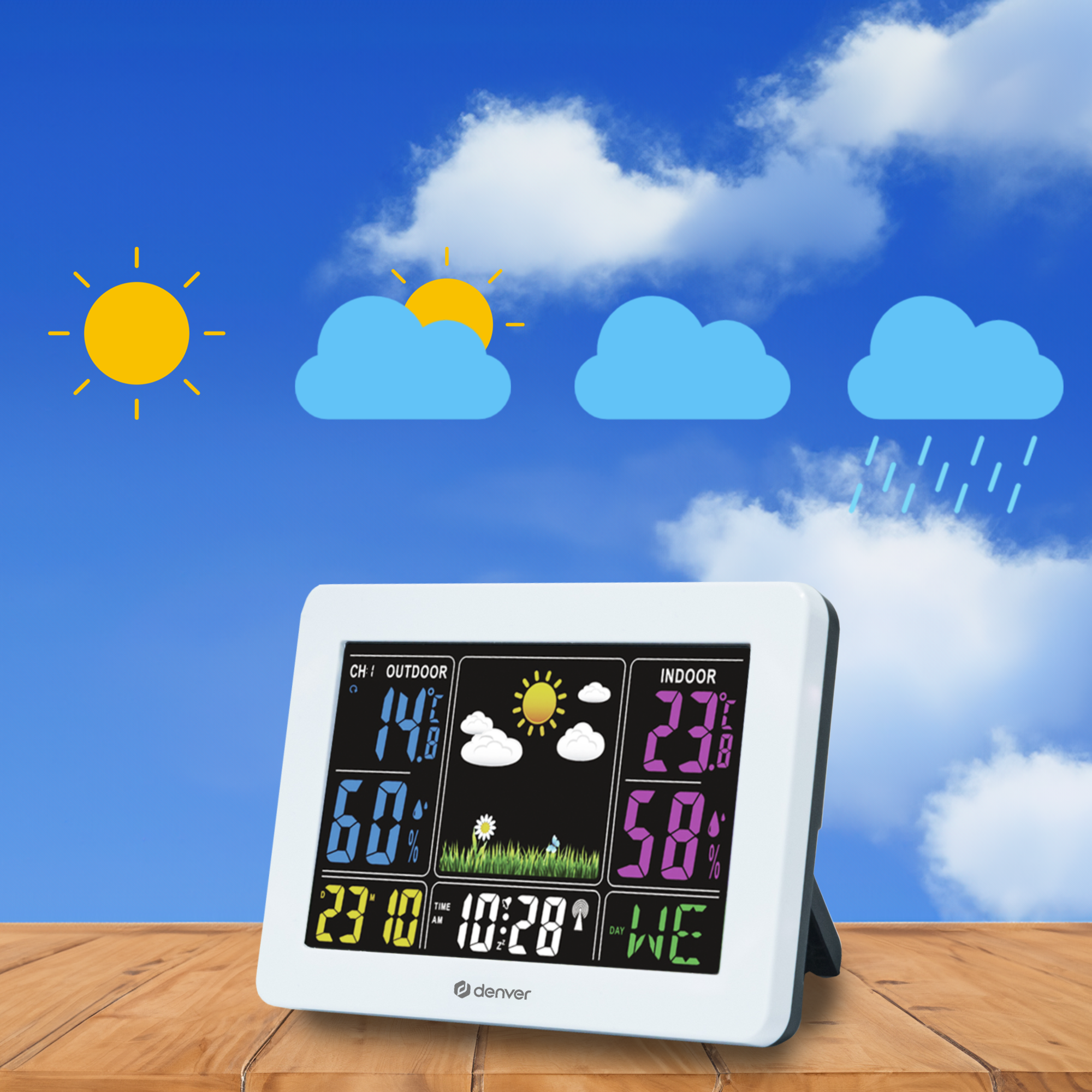 Stacja pogodowa wyświetlająca informacje o pogodzie. Pokazuje słońce, chmury, deszcz, temperaturę, wilgotność i godzinę.