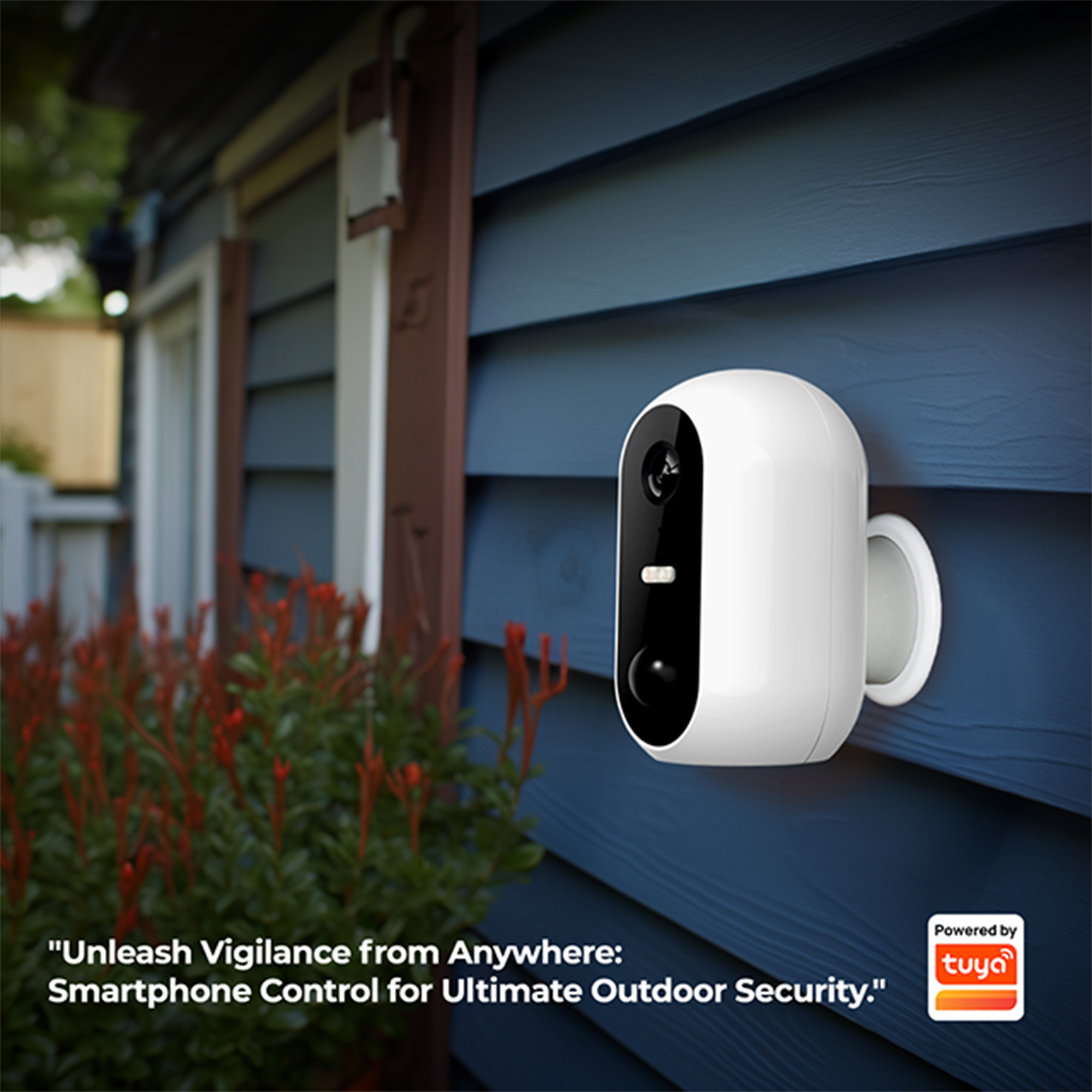 Biała kamera bezpieczeństwa na niebieskiej elewacji. Zielone rośliny z przodu. Tekst poniżej.