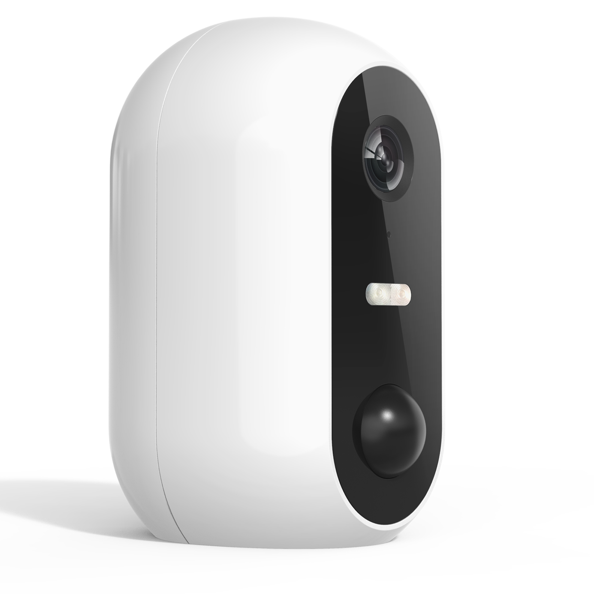 Biała, owalna kamera bezpieczeństwa z czarnym obiektywem i czujnikiem. Białe tło.