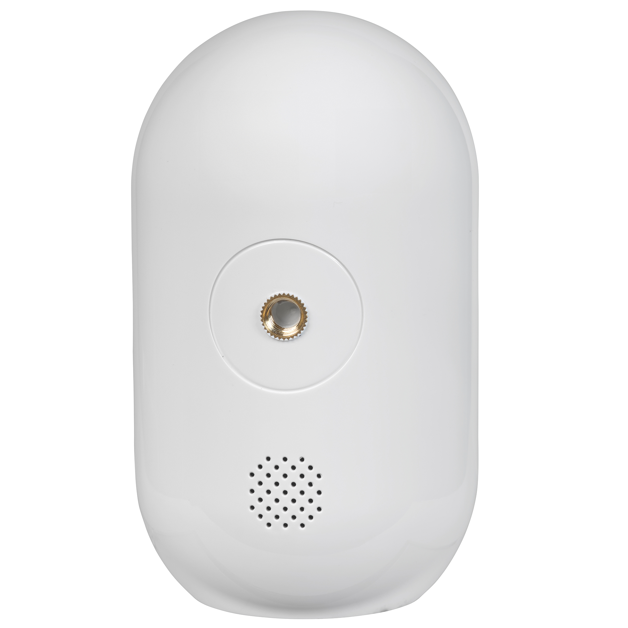 Biała kamera bezpieczeństwa. Ma obiektyw, głośnik i punkt montażu z tyłu.