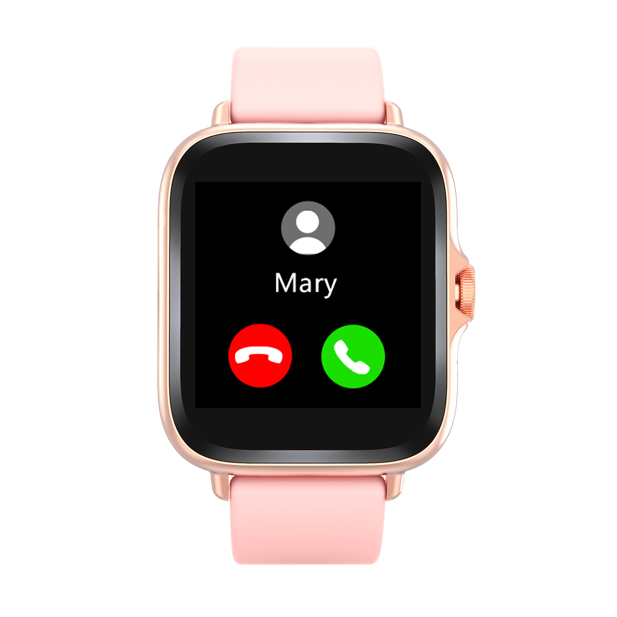 Smartwatch screen showing a call from Mary with accept and reject buttons.