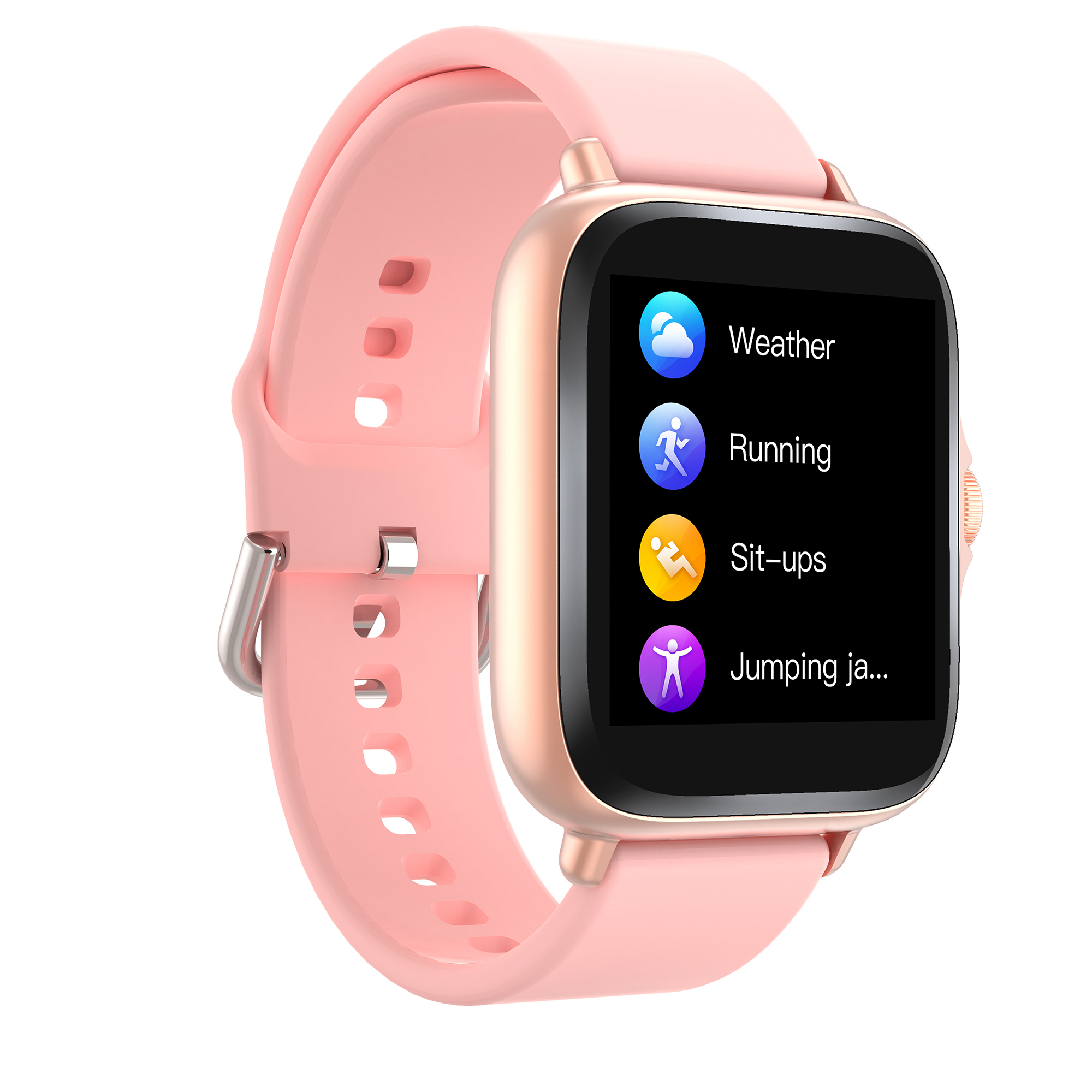 Pink smartwatch with a square face displaying activity icons.