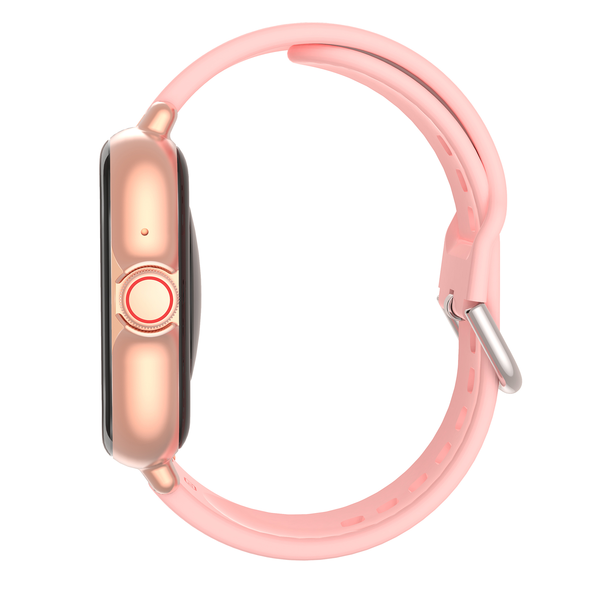 Pink smartwatch with a pink band. The watch has a rose gold case and a black screen.