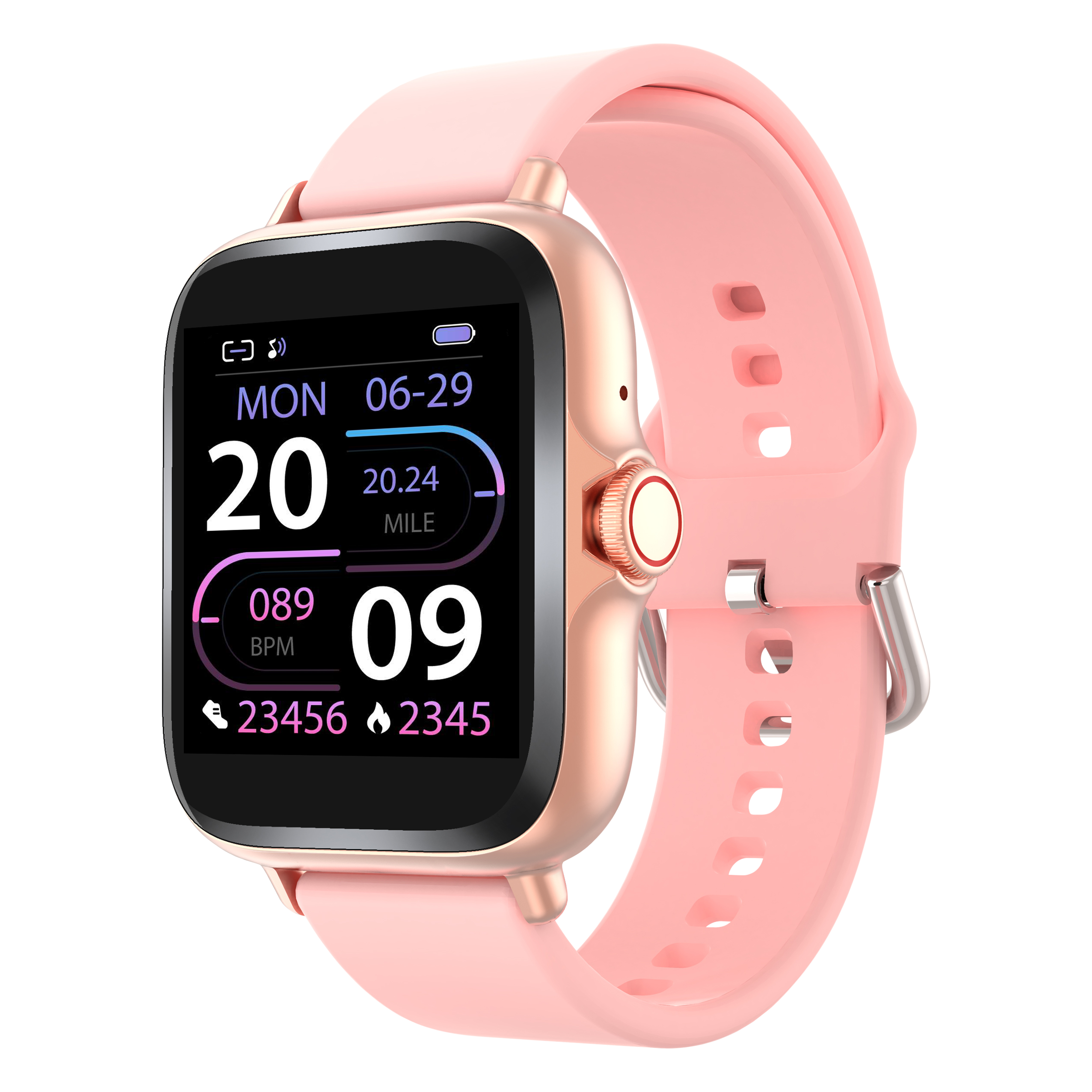 A pink smartwatch with a square face and a pink band.