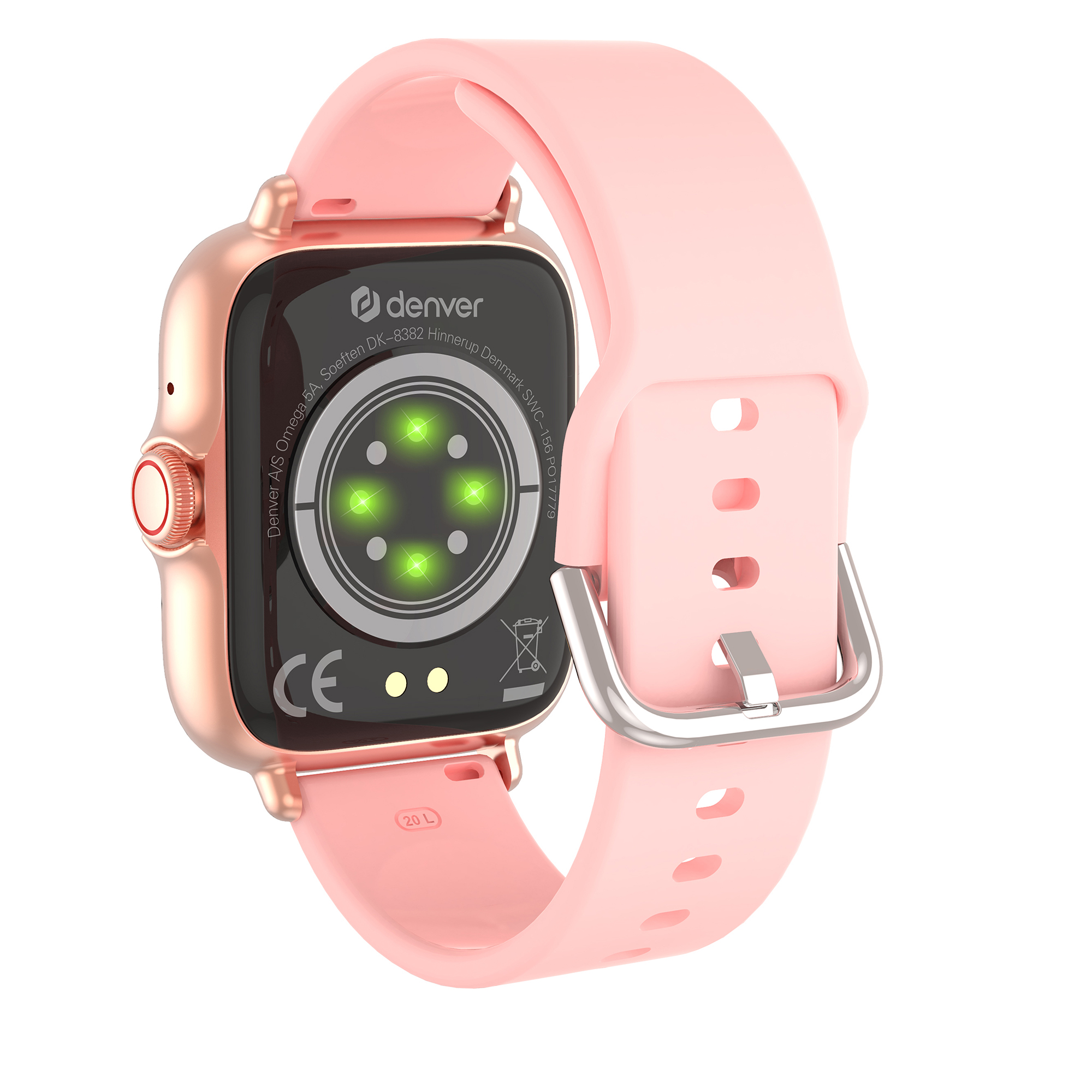 Pink smartwatch with a pink strap, showing the back with sensors.