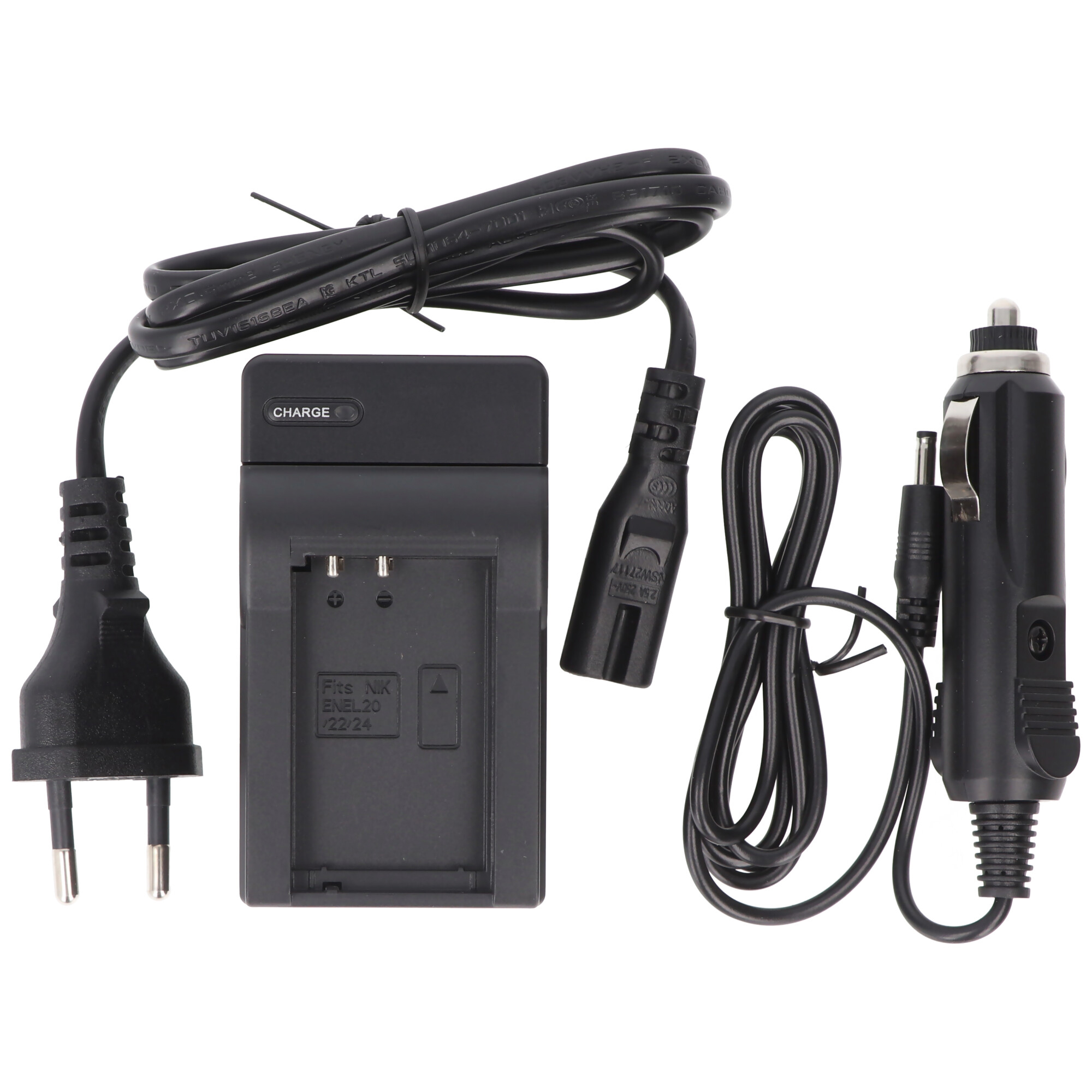 A black camera charger with a power cord and car charger cable laid out on a white surface.