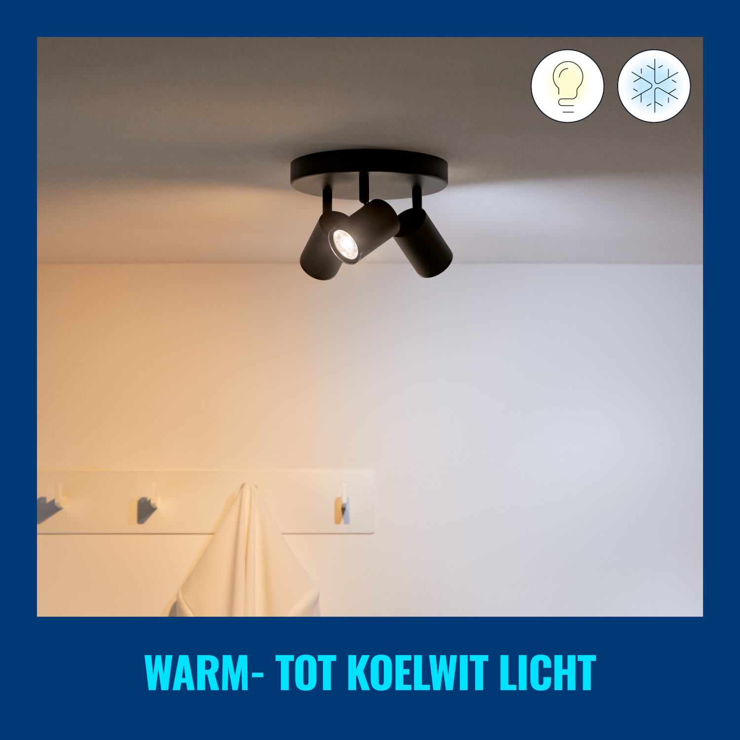 Deckenleuchten mit drei verstellbaren Strahlern, beschriftet: warmes bis kühles weißes Licht.
