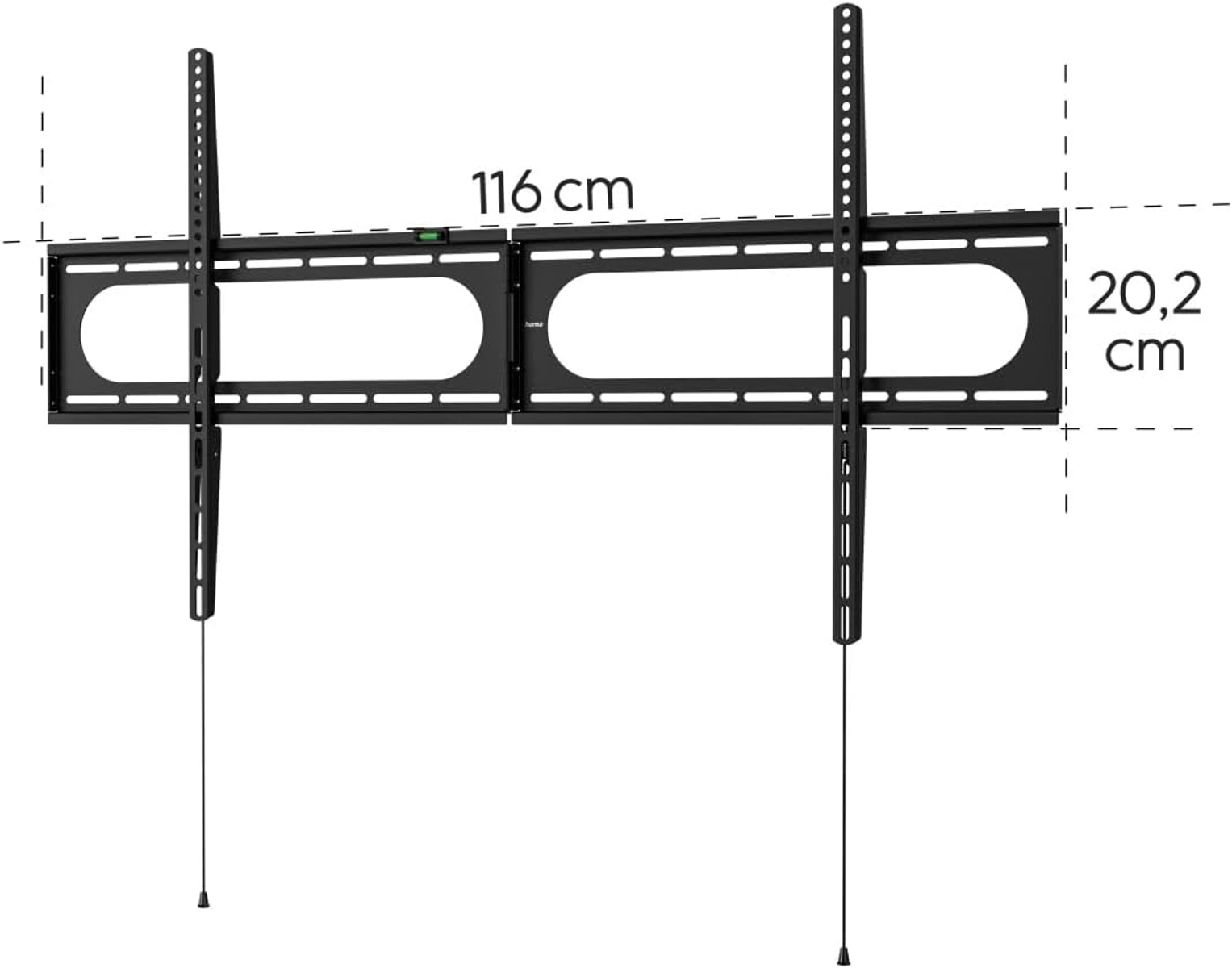 Supporto TV nero con dimensioni segnate su sfondo bianco.