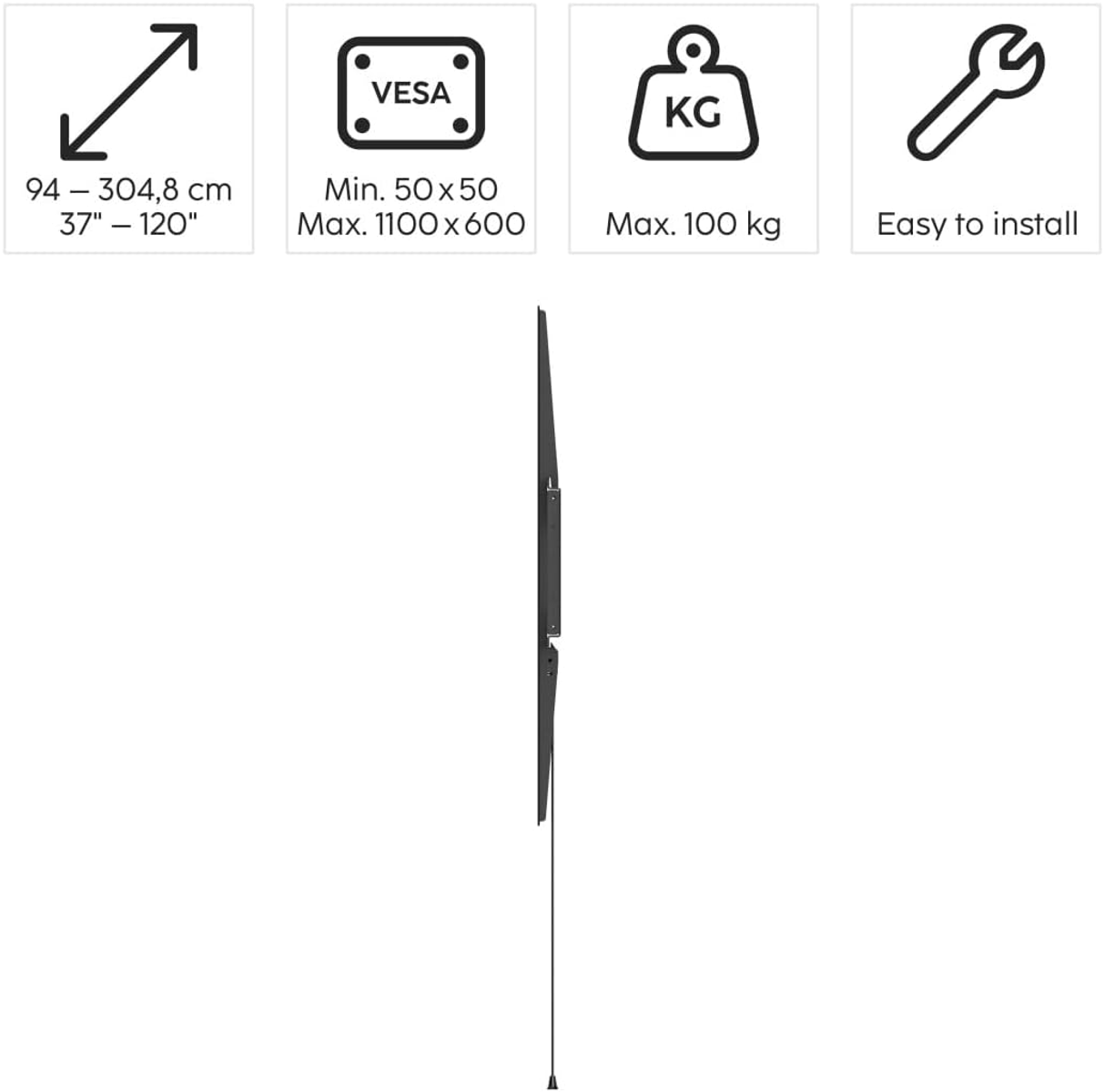 Staffa da parete per TV con dimensioni e icone. Lo sfondo è bianco.