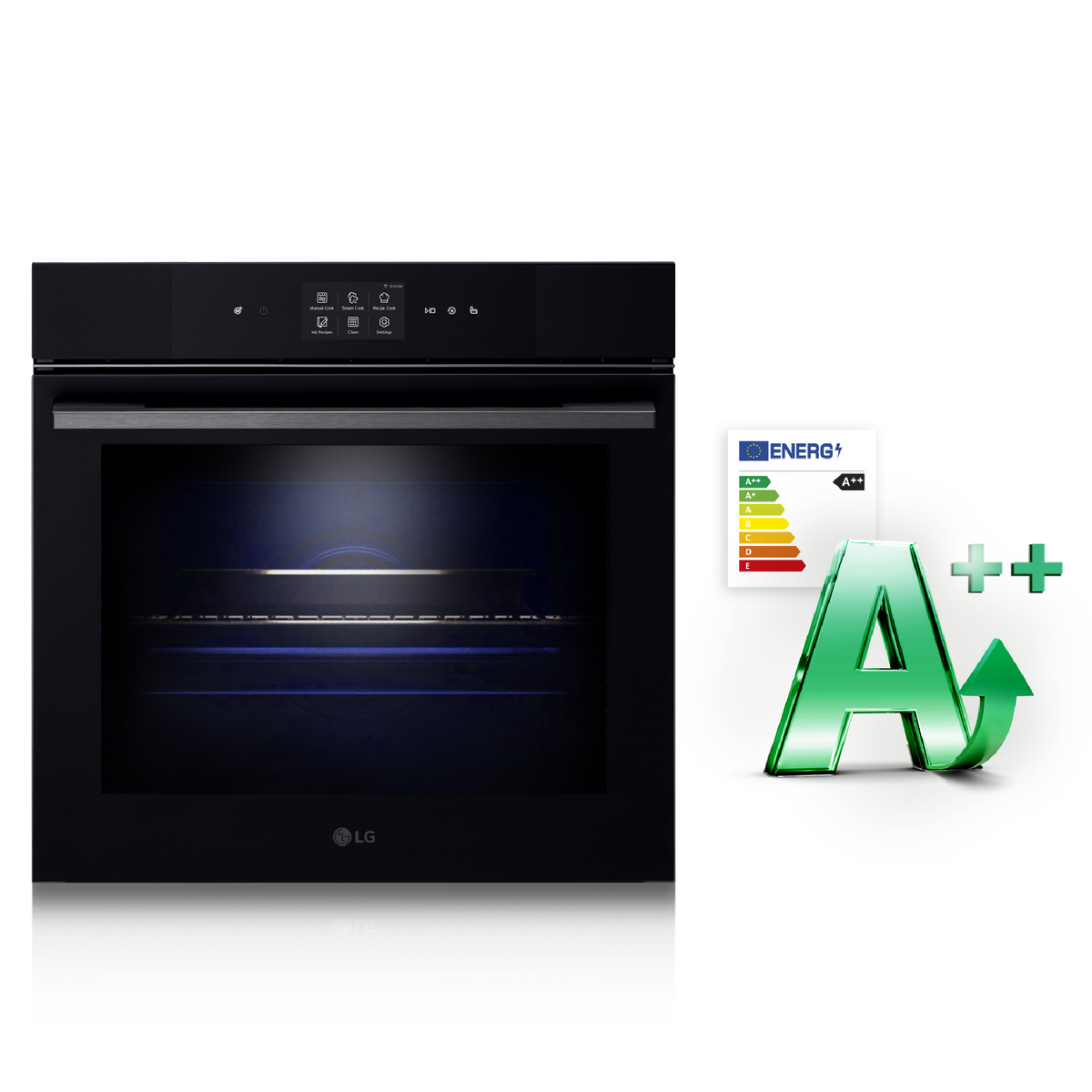 Forno nero con etichetta di efficienza energetica A++ e sfondo bianco.
