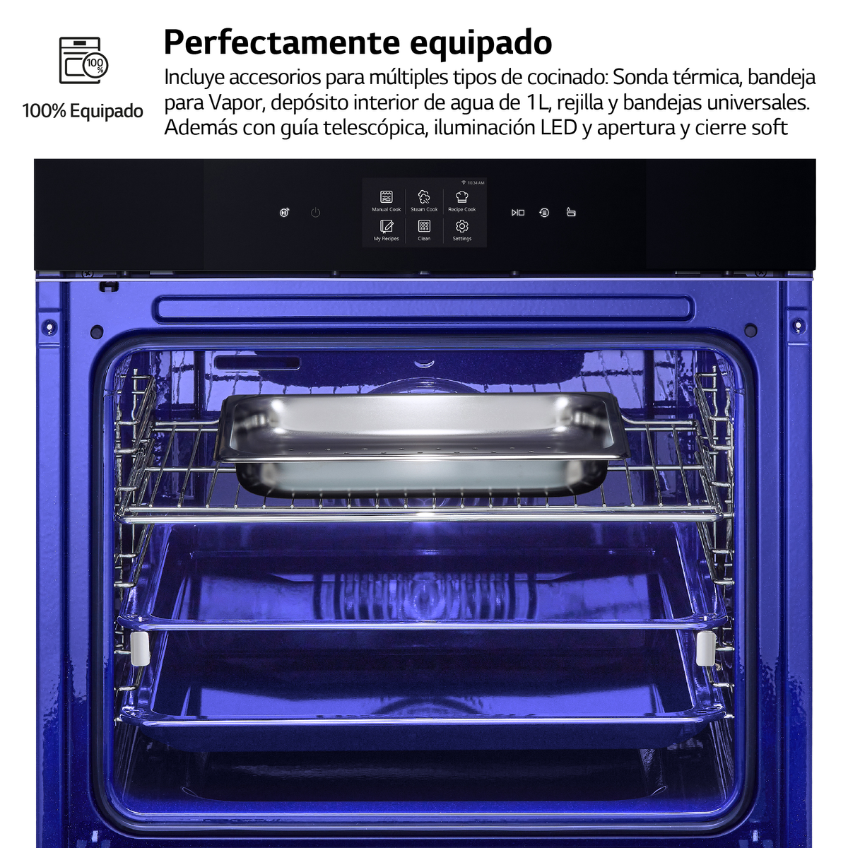 Interno forno blu, griglie in acciaio inox, teglia e pannello comandi con simboli, tutto a fuoco.