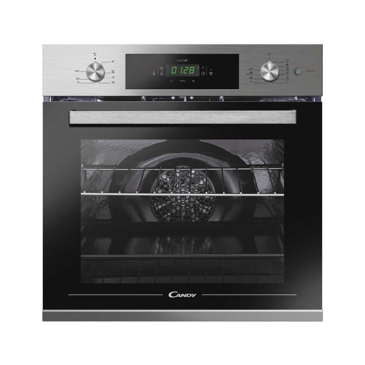 Un forno con display digitale. L'interno del forno è visibile.