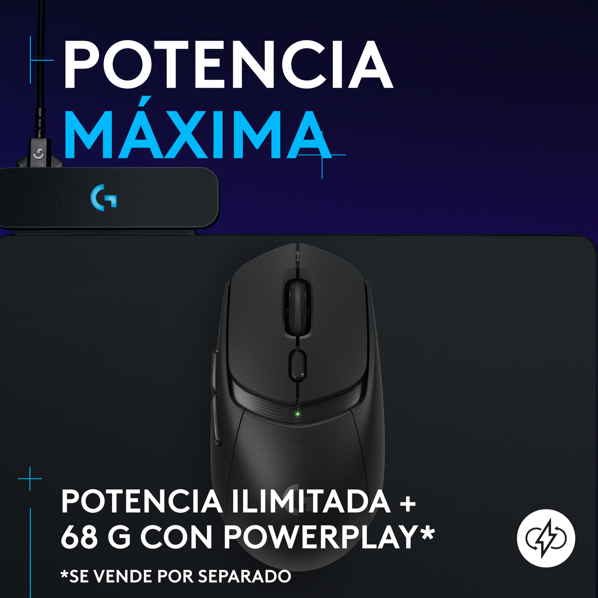Czarna mysz na czarnej macie, biały tekst: POTENCIA MÁXIMA, POTENCIA ILIMITADA + 68 G CON POWERPLAY.