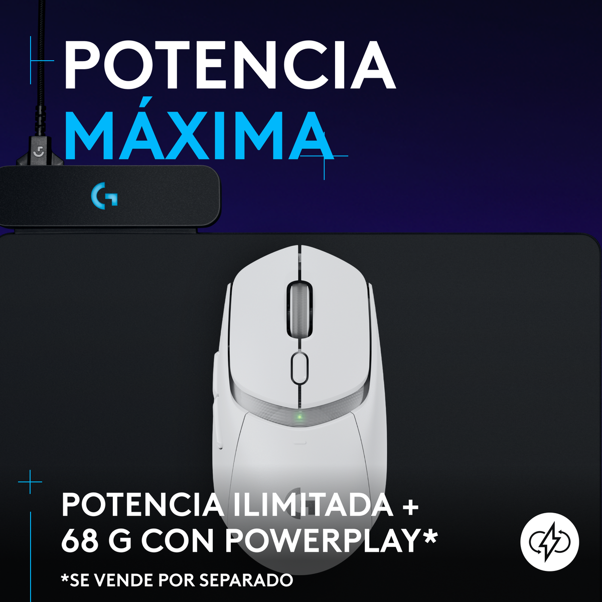 Biała mysz Logitech na czarnej podkładce. Tekst mówi "MAXIMUM POWER" i "UNLIMITED POWER".