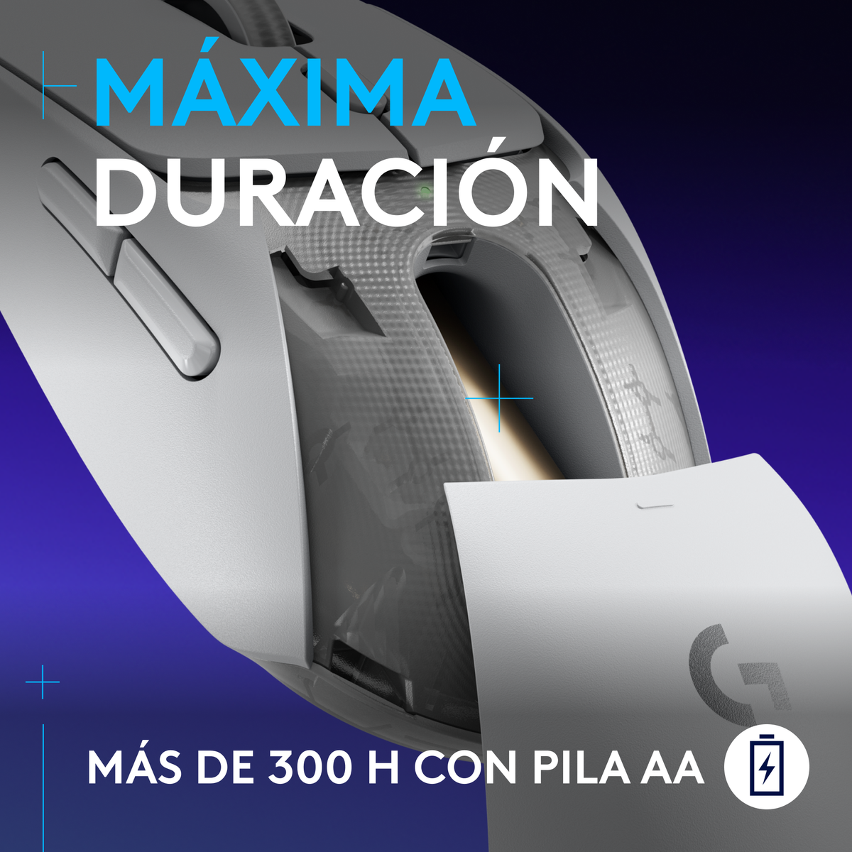 Zbliżenie białej myszy Logitech. Tekst brzmi 'Máxima Duración' i 'Más de 300 H con pila AA'.