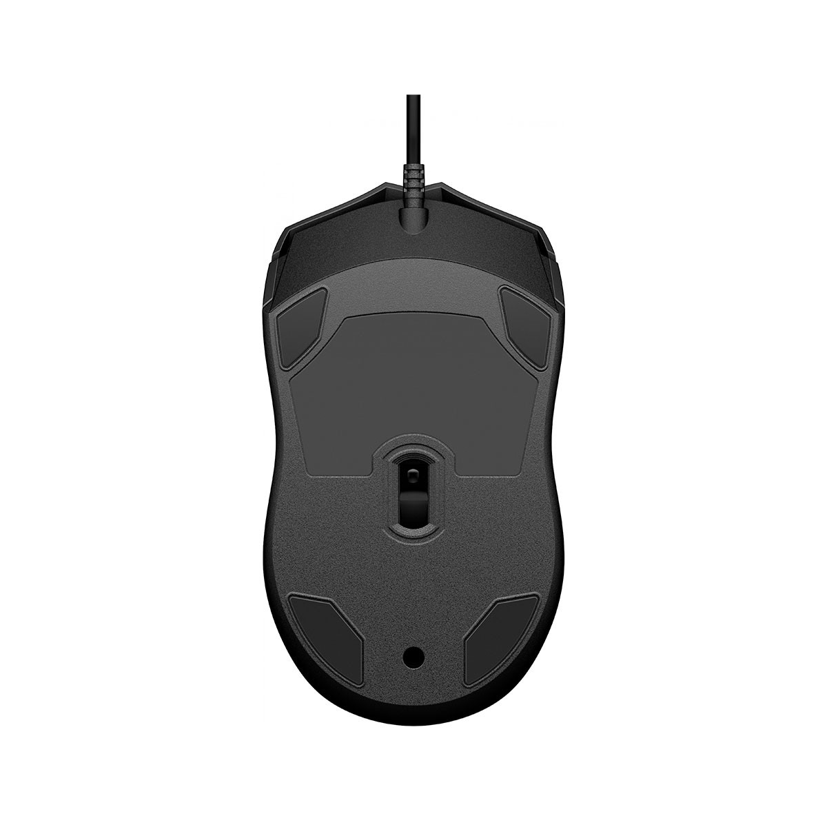 Widok od dołu czarnej myszy komputerowej z kablem. Ma kilka przycisków i kółko przewijania.