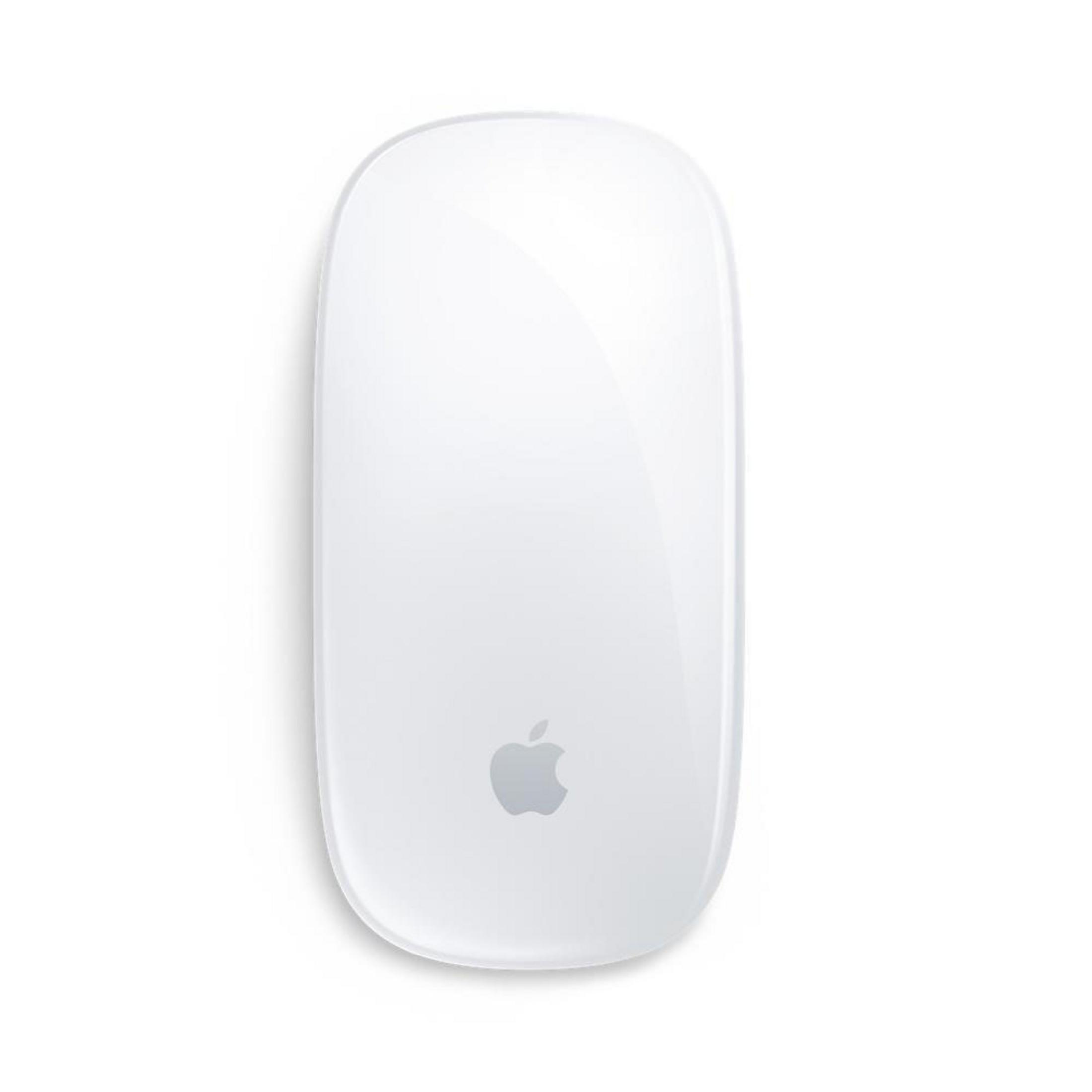 Biała mysz Apple Magic Mouse z logo jabłka. Owalny kształt na białym tle.