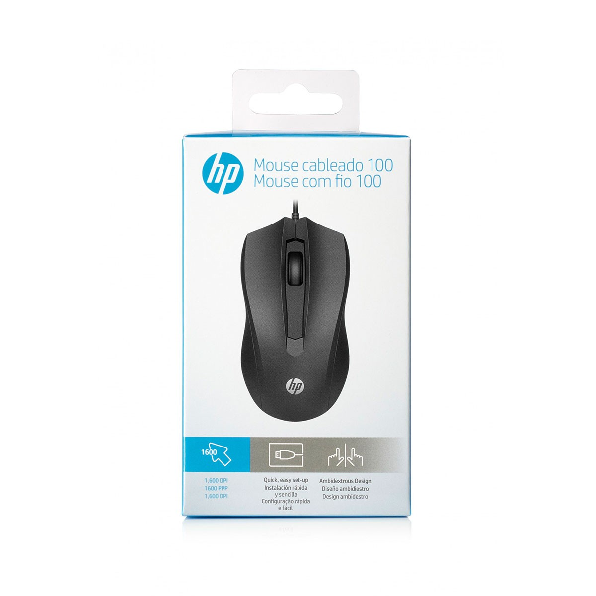 Czarna mysz komputerowa w białym pudełku z informacjami o produkcie i logo.