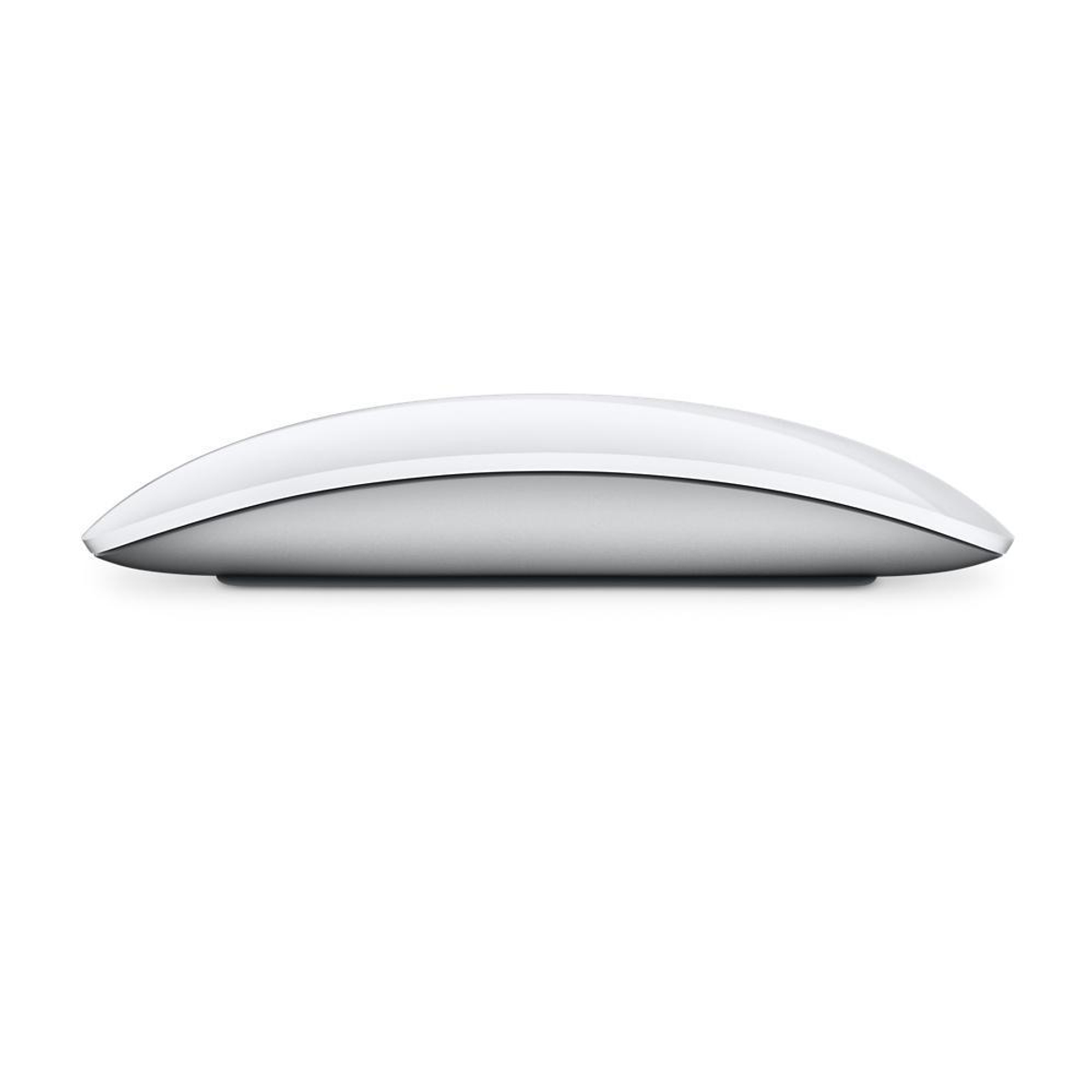 Biała mysz Apple Magic Mouse. Minimalistyczny design. Zakrzywiona góra. Widok z boku.