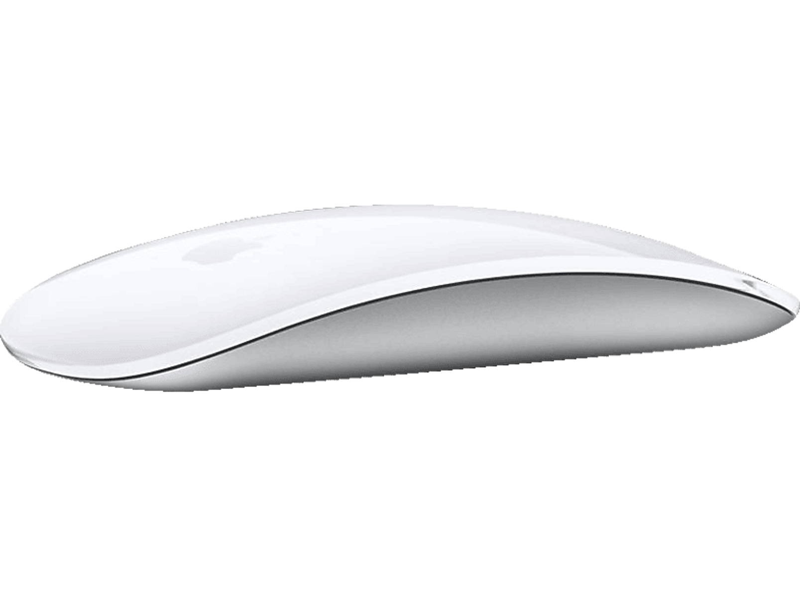 Biała mysz Apple Magic Mouse na czarnym tle. Mysz ma gładki, zakrzywiony design.