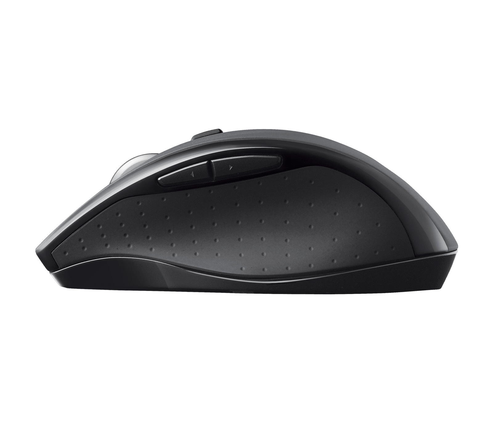 Mouse nero. Due pulsanti laterali. Design elegante. Sfondo bianco.