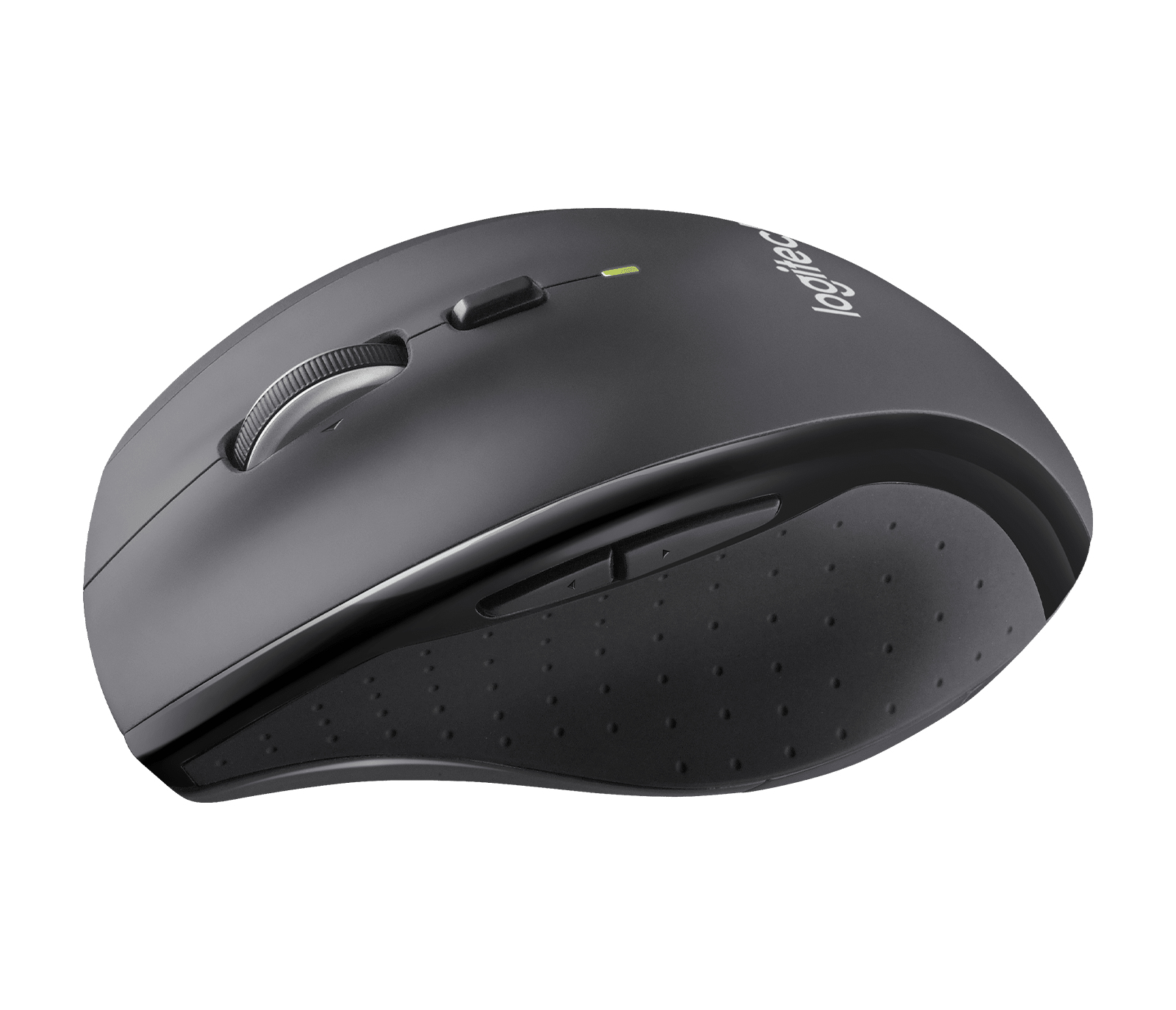 Un mouse per computer Logitech nero con rotella e pulsanti, su sfondo bianco.