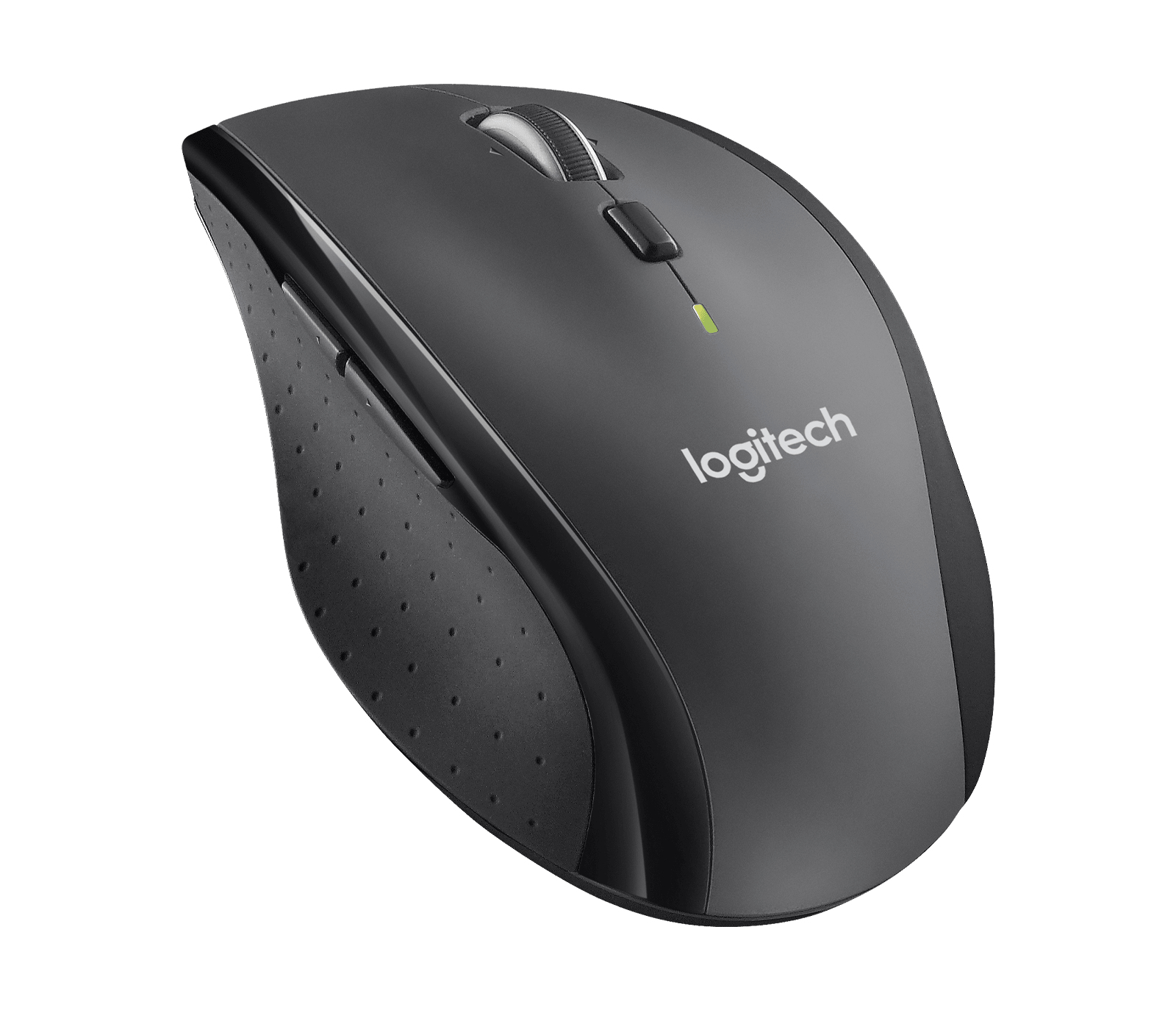 Eine kabellose Maus von Logitech in Schwarz und Grau. Die Maus ist weiß.