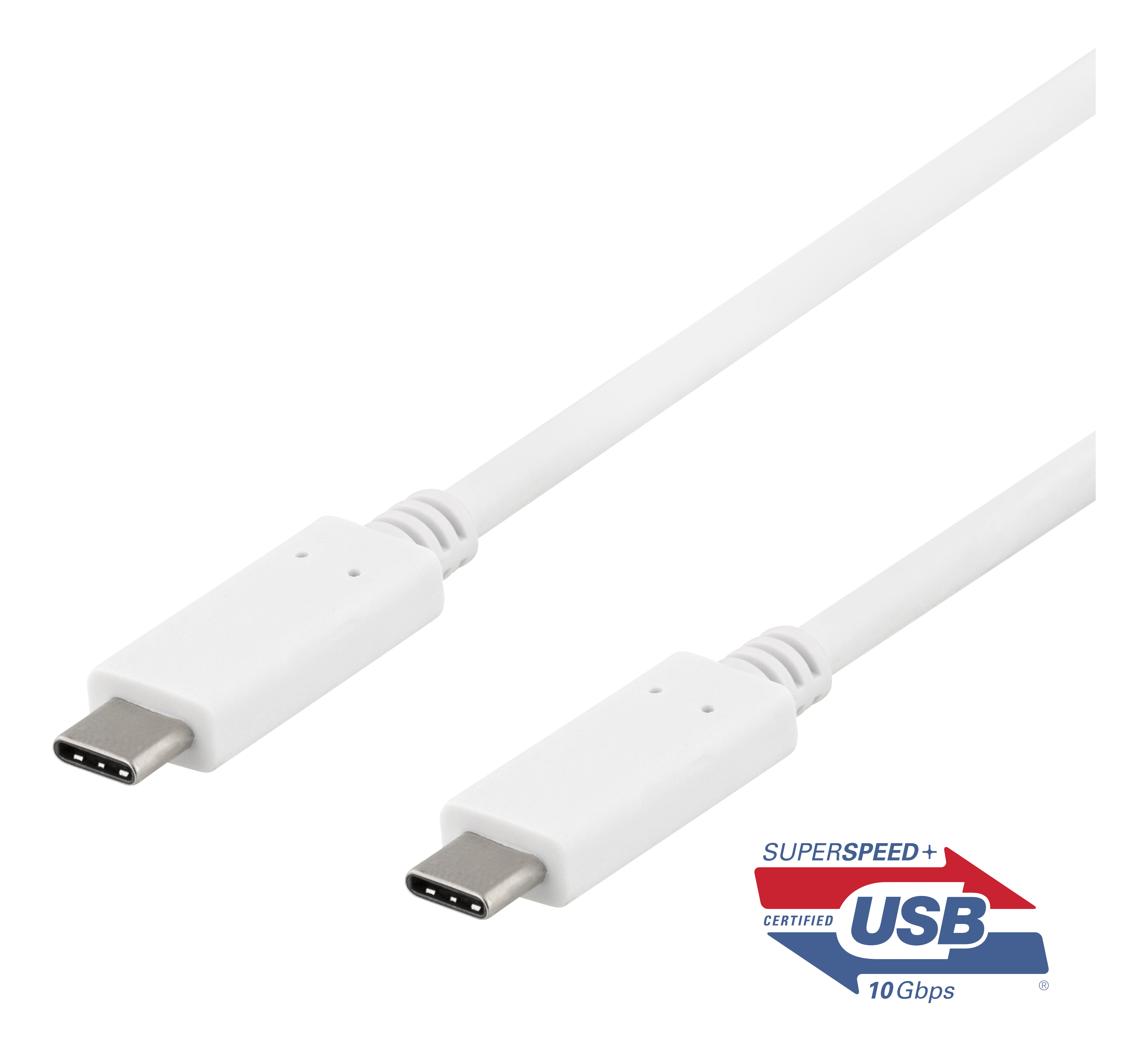 Cavo USB-C bianco con connettori su entrambe le estremità, con un logo USB.