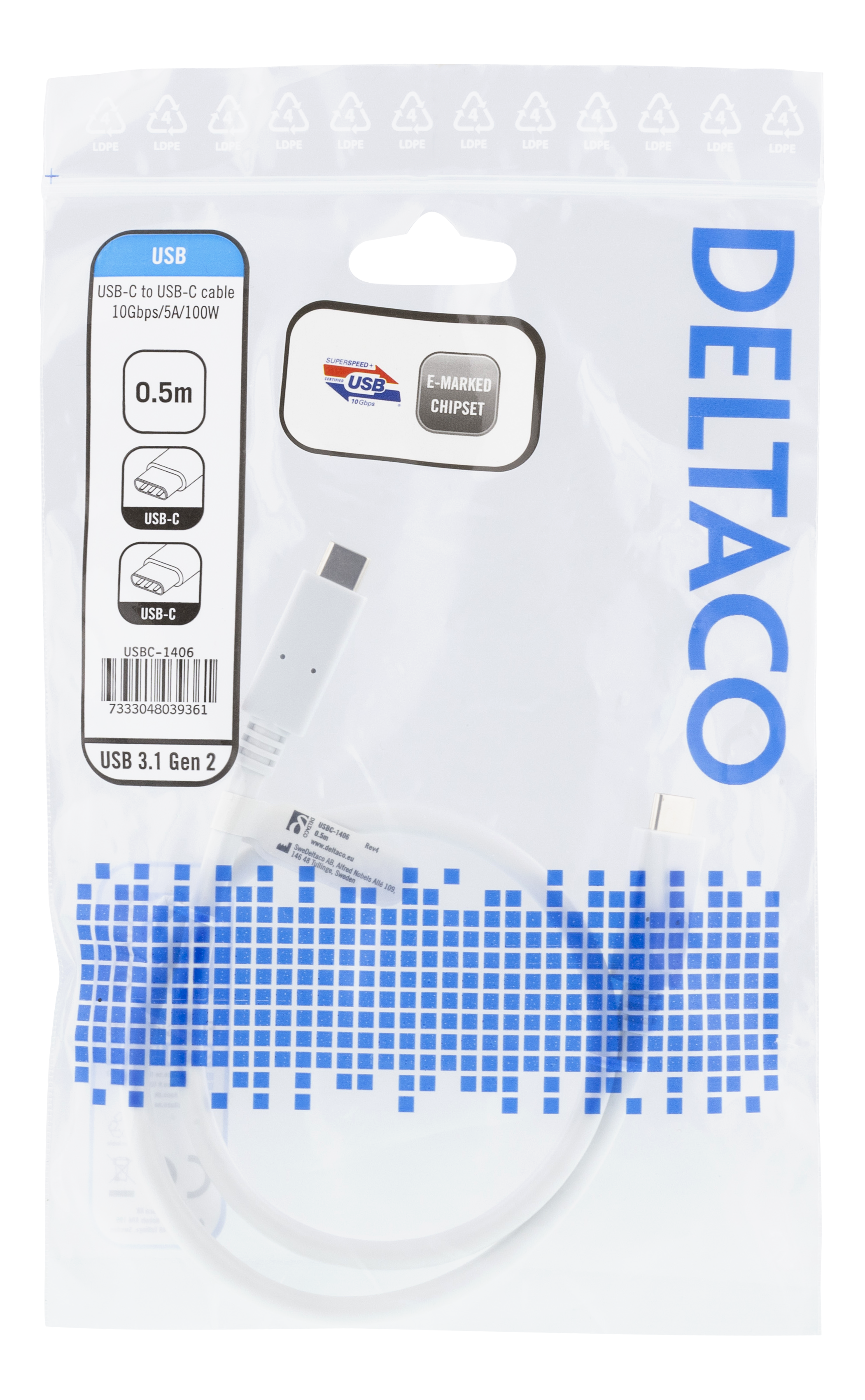Cavo USB-C a USB-C in confezione di plastica, cavo bianco e testo blu in alto.