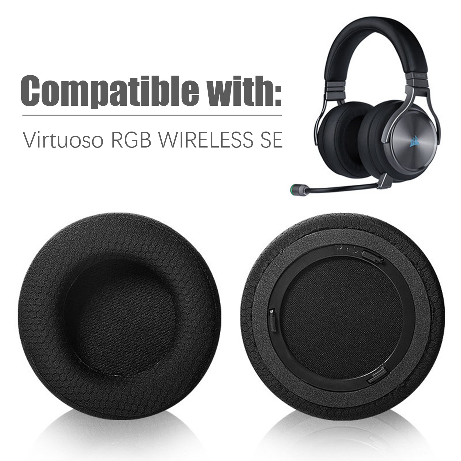 Een zwarte gaming headset en oorkussens. Het product is compatibel met Virtuoso RGB WIRELESS SE.