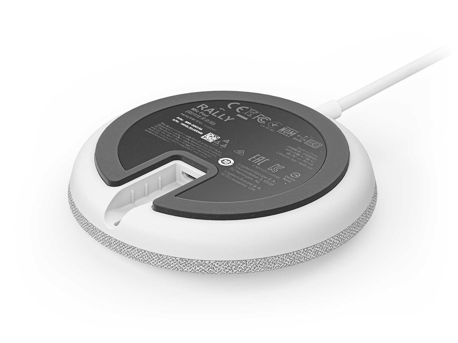 Biały i szary Rally Mic Pod, spodem do góry, z dołączonym kablem.