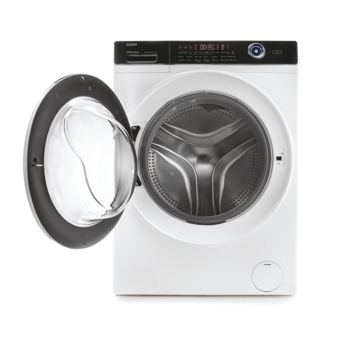 Lavatrice Haier bianca con porta aperta. L'interno del cestello è visibile.