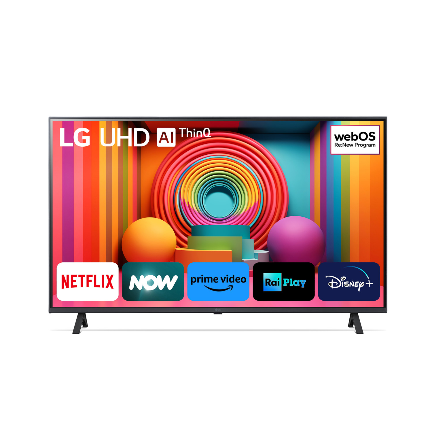 TV LG con icone colorate di servizi di streaming, su un supporto.