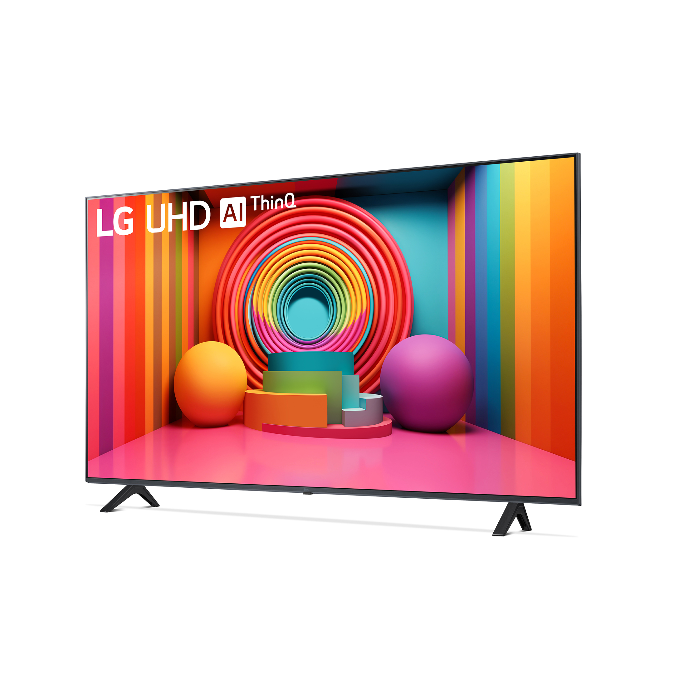 Un grande televisore a schermo piatto mostra un design astratto colorato con tre sfere.