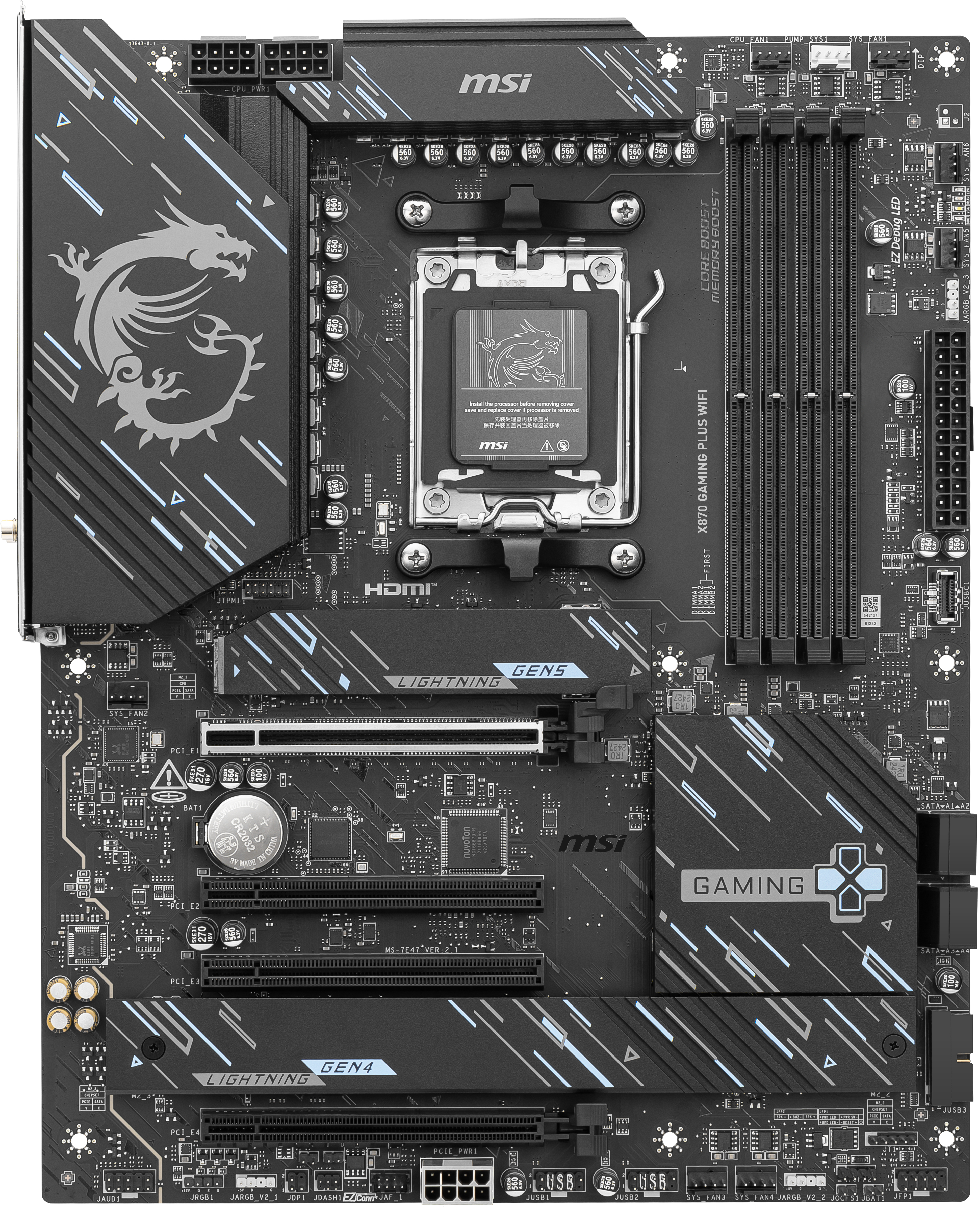 Schwarzes Motherboard mit Logo, Anschlüssen und Steckplätzen.