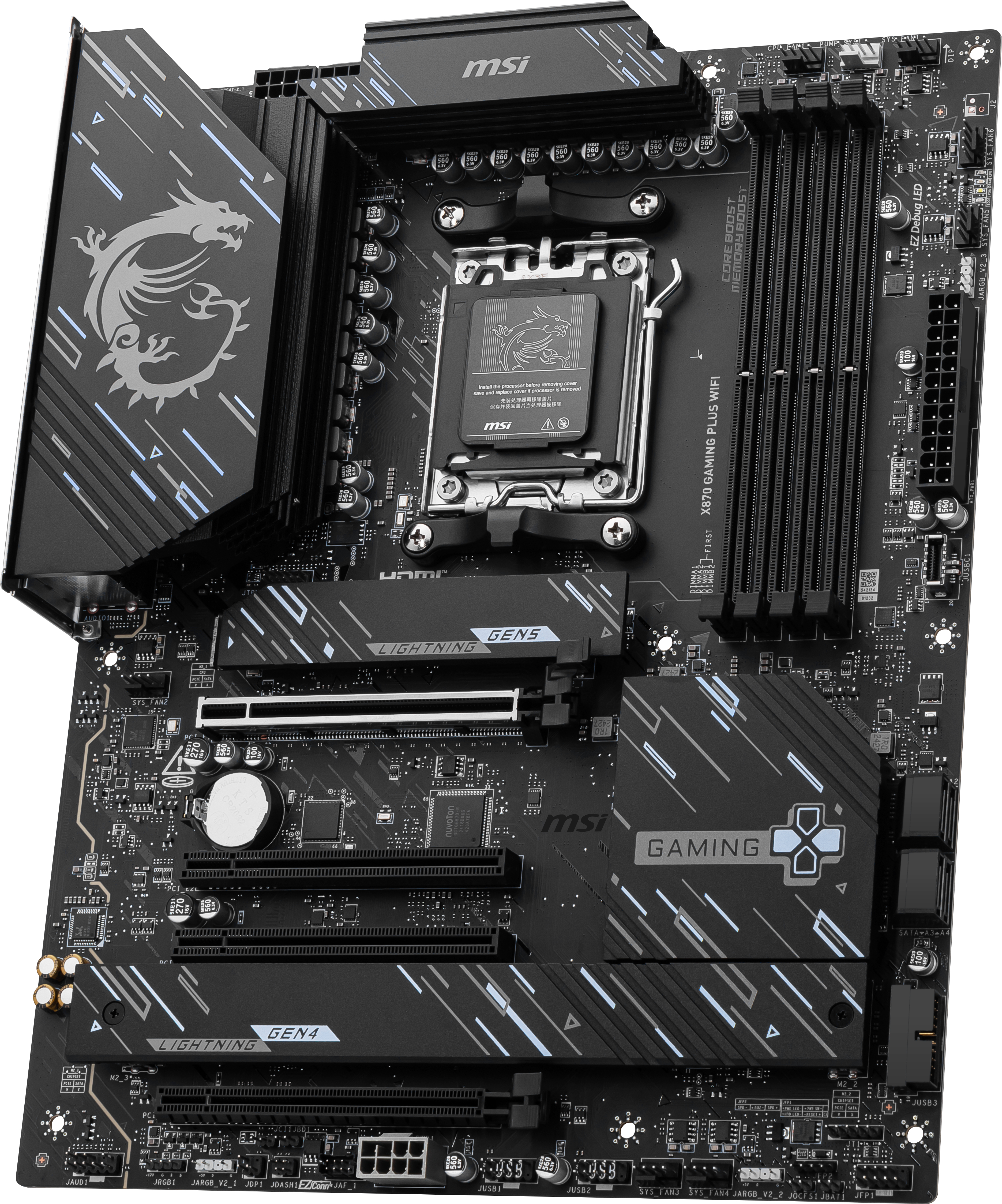 Ein schwarzes und graues Computer-Motherboard mit verschiedenen Komponenten und dem MSI-Logo.