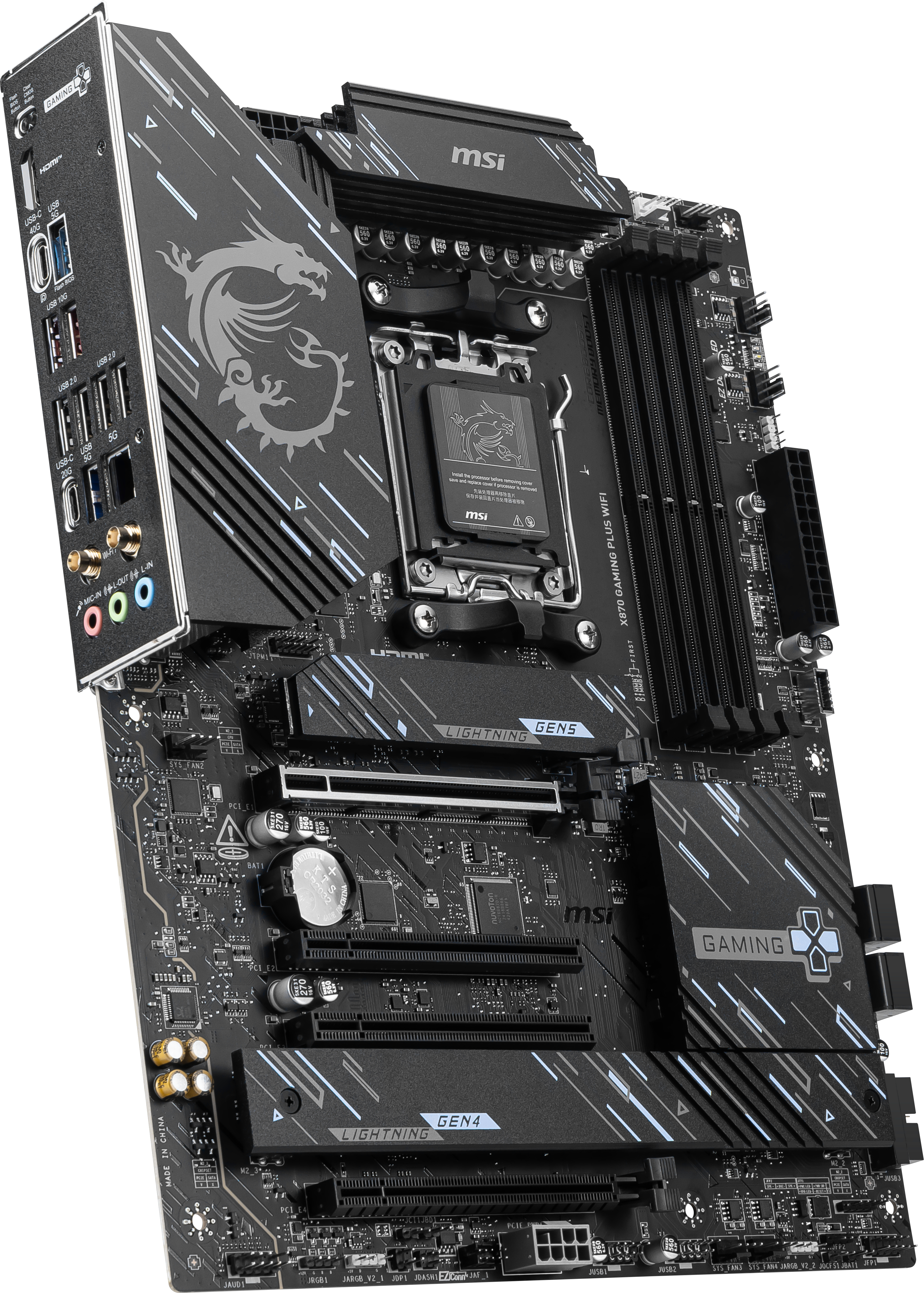 Ein schwarzes und graues Computer-Motherboard mit verschiedenen Komponenten und einem Logo oben.