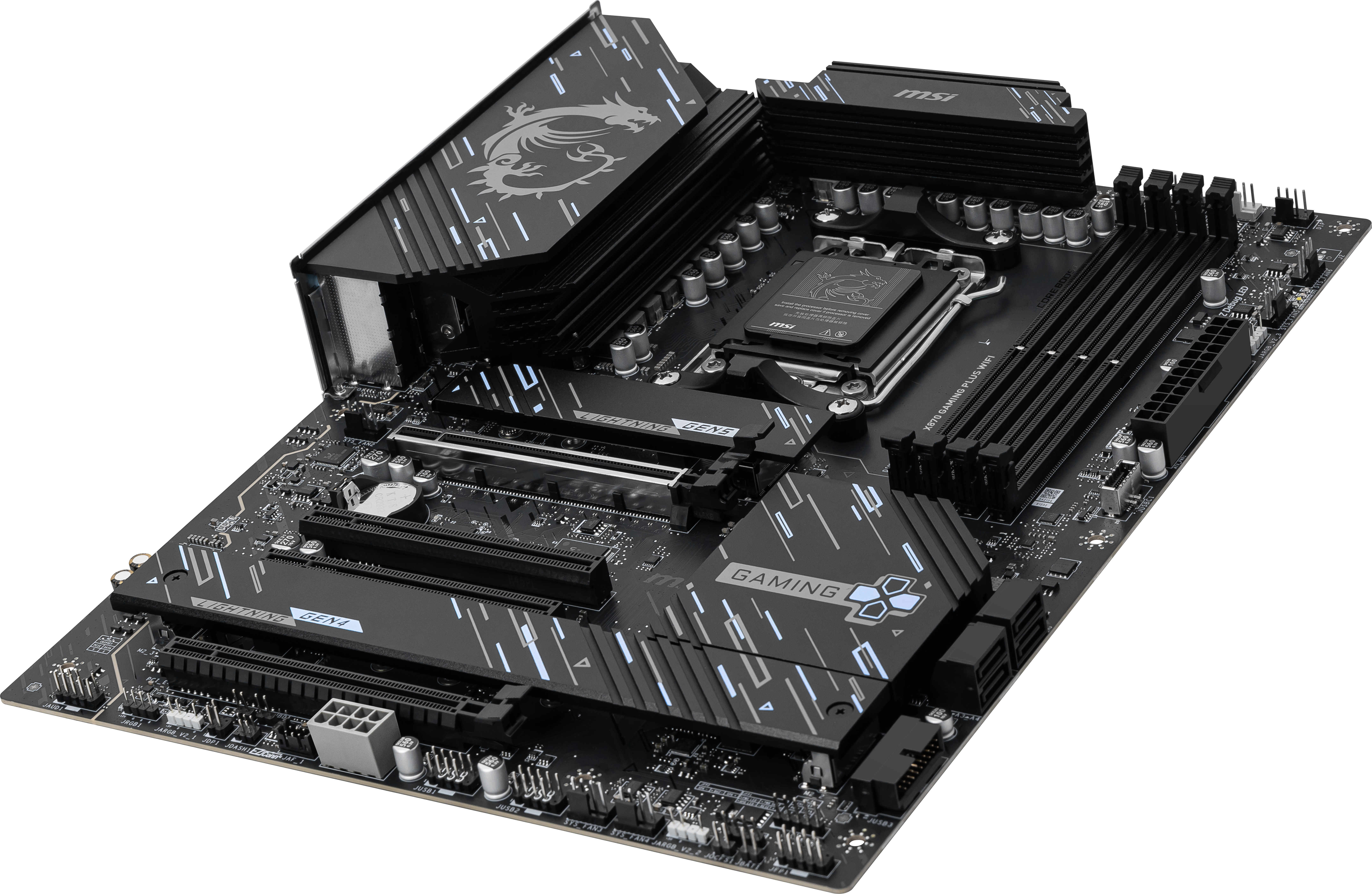Schwarzes MSI-Gaming-Motherboard mit komplizierten Designs und einem Drachenlogo.
