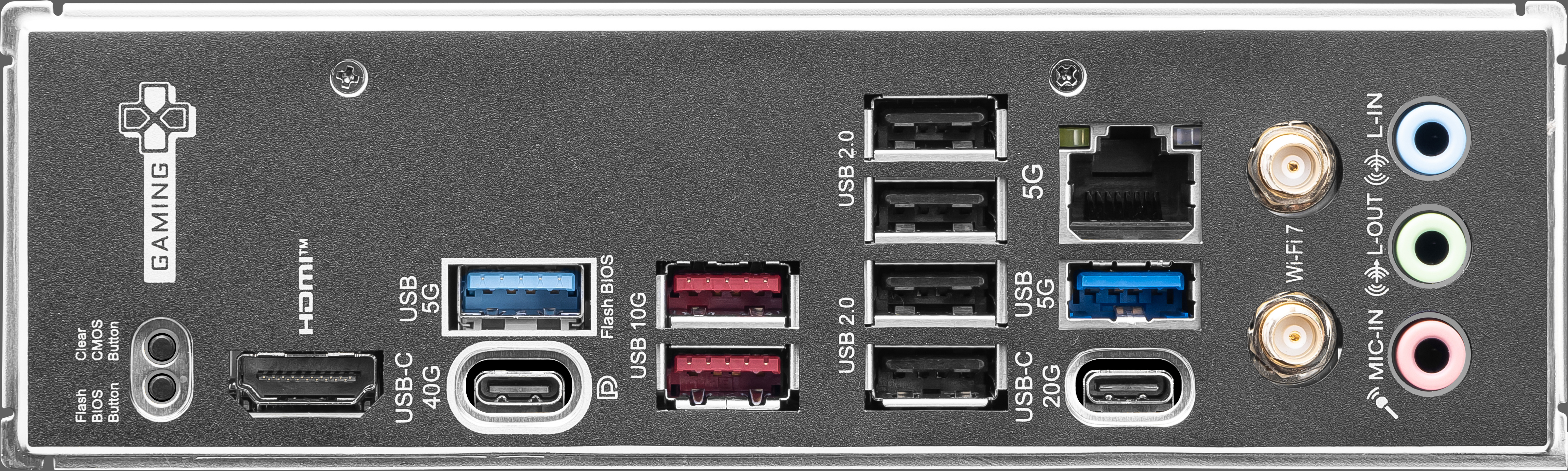 Rückseite eines Motherboards mit verschiedenen Anschlüssen: USB, HDMI, Audio und Netzwerkanschlüssen.