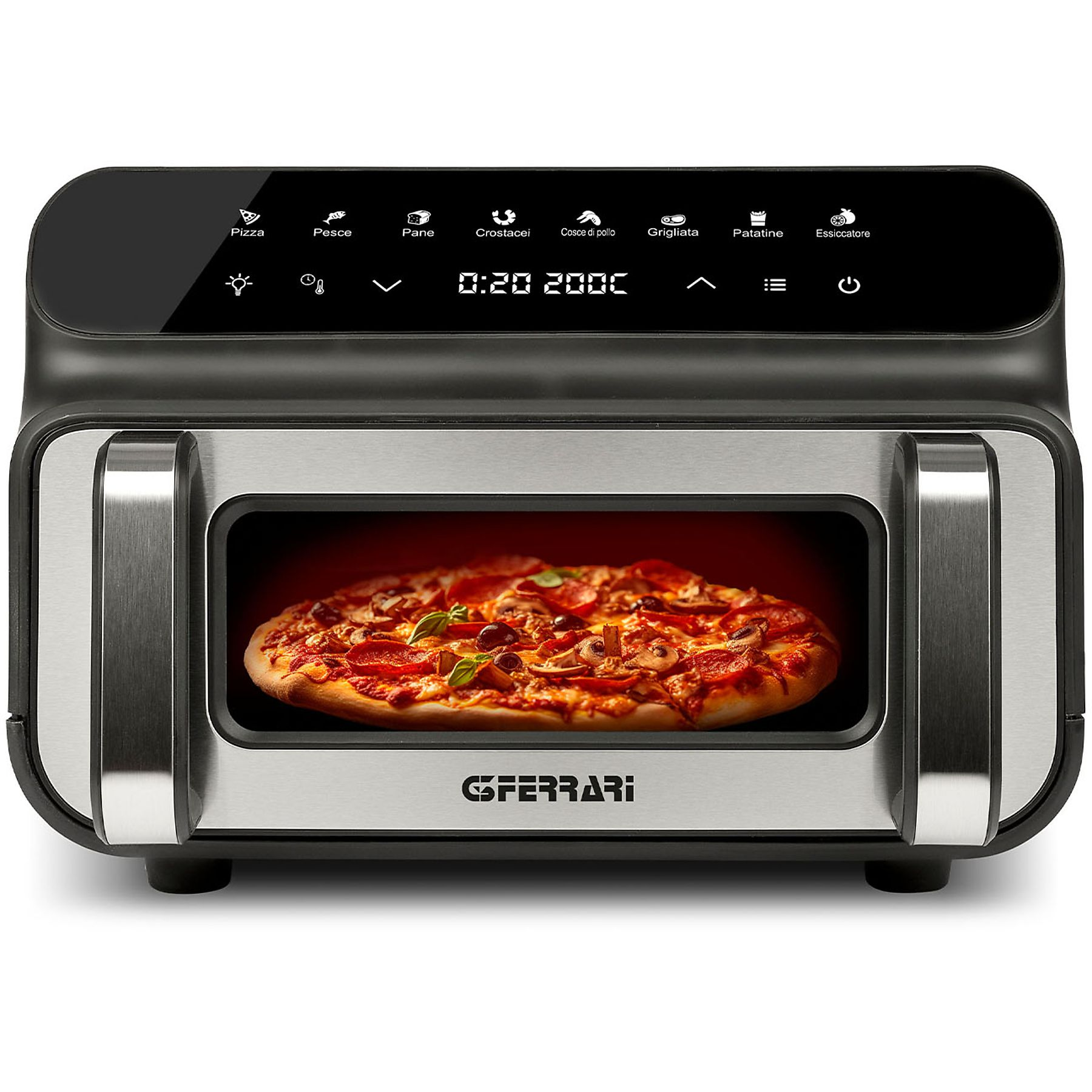 Czarny i srebrny piekarnik do pizzy GFERRARI. W środku piecze się pizza. Czarny panel sterowania u góry.