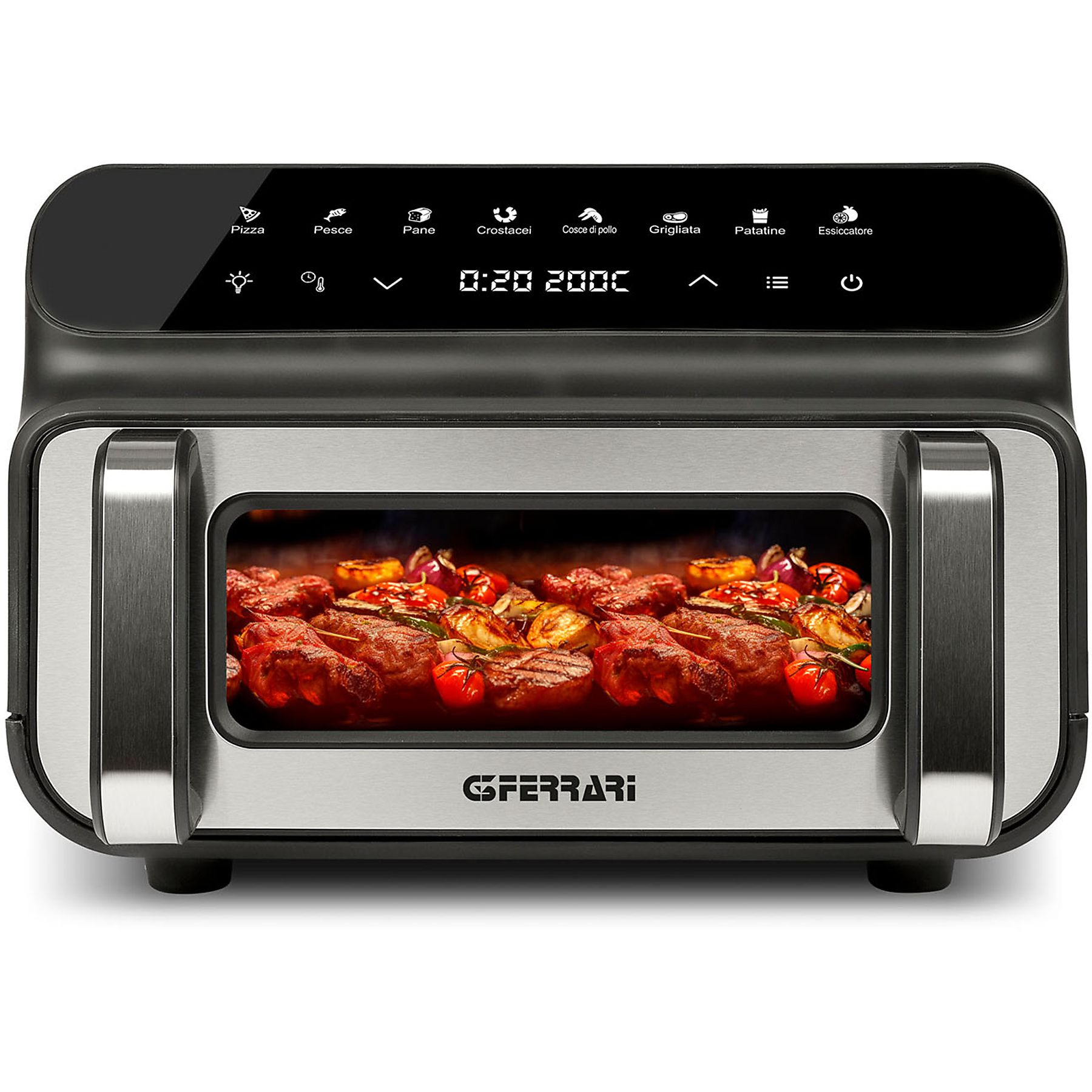 Czarny i srebrny piekarnik na blacie. Pokazuje ugotowane jedzenie w środku. Panel wyświetlacza na górze z różnymi ustawieniami.