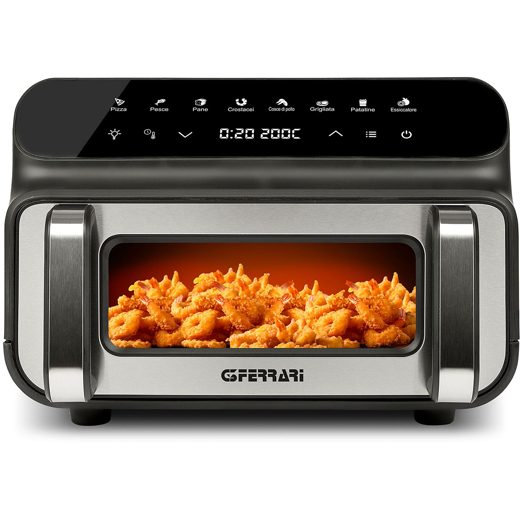 Czarny piekarnik na blacie z smażonym jedzeniem w środku. Wyświetlacz cyfrowy. Srebrny i czarny design.