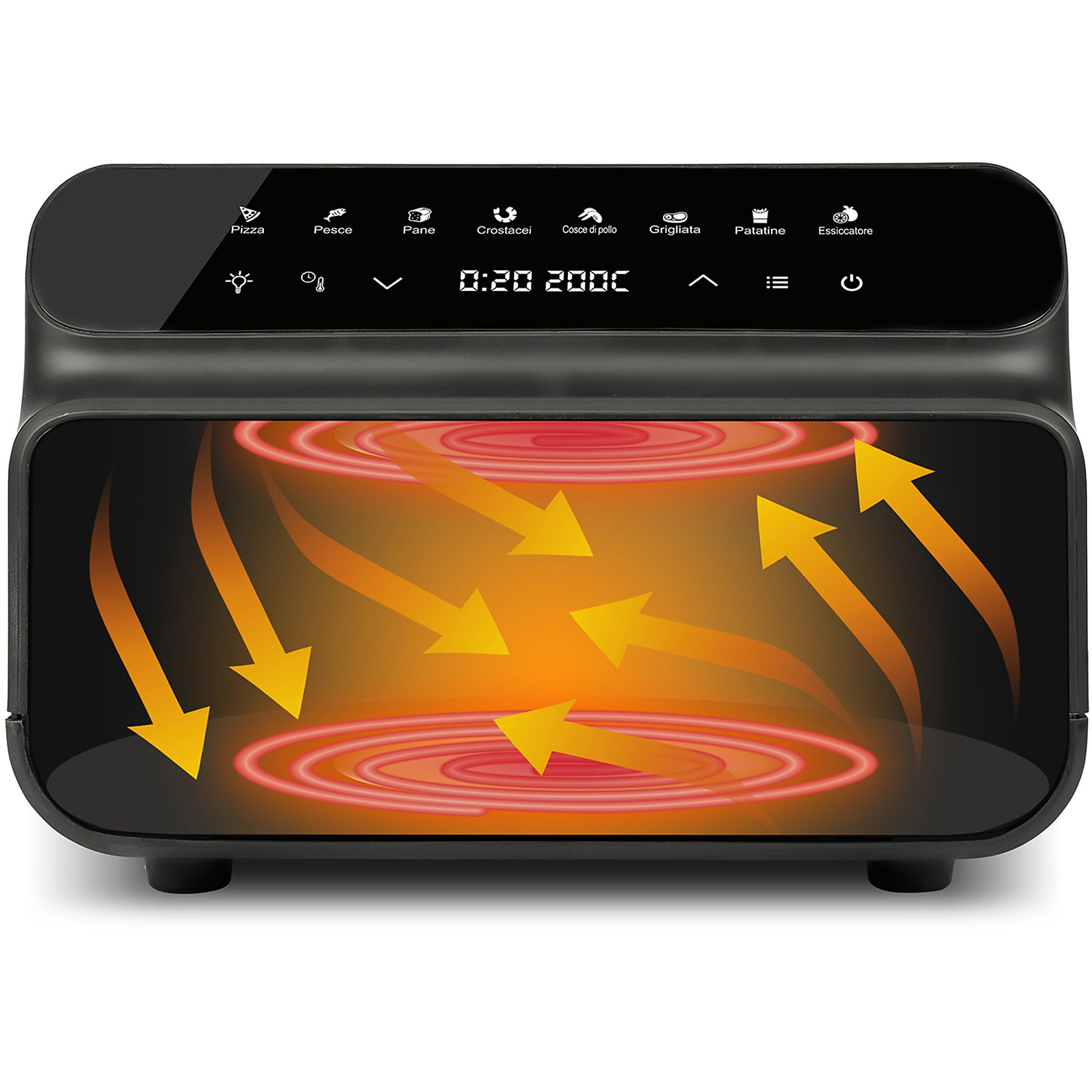 Czarna frytkownica powietrzna z cyfrowym wyświetlaczem i pomarańczowymi strzałkami.