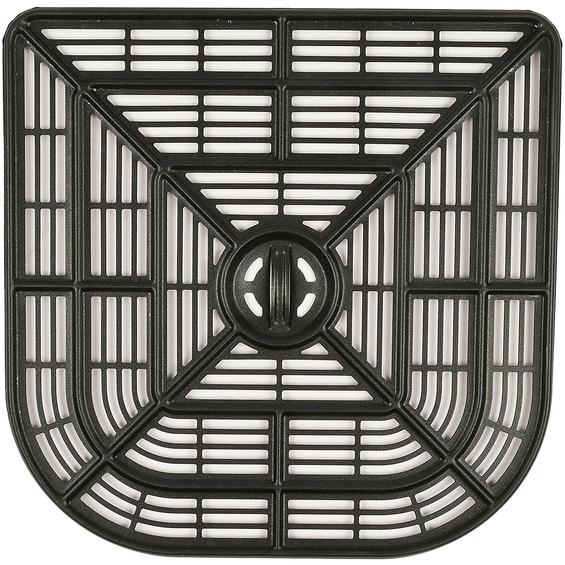Schwarzer quadratischer Grillrost mit detailliertem Gittermuster und einem zentralen Griff, vor einem weißen Hintergrund.