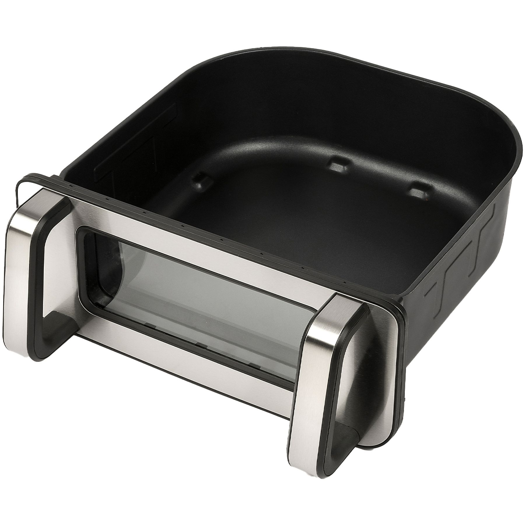 Czarny kosz do frytownicy z metalowymi akcentami. Leży na białej powierzchni.