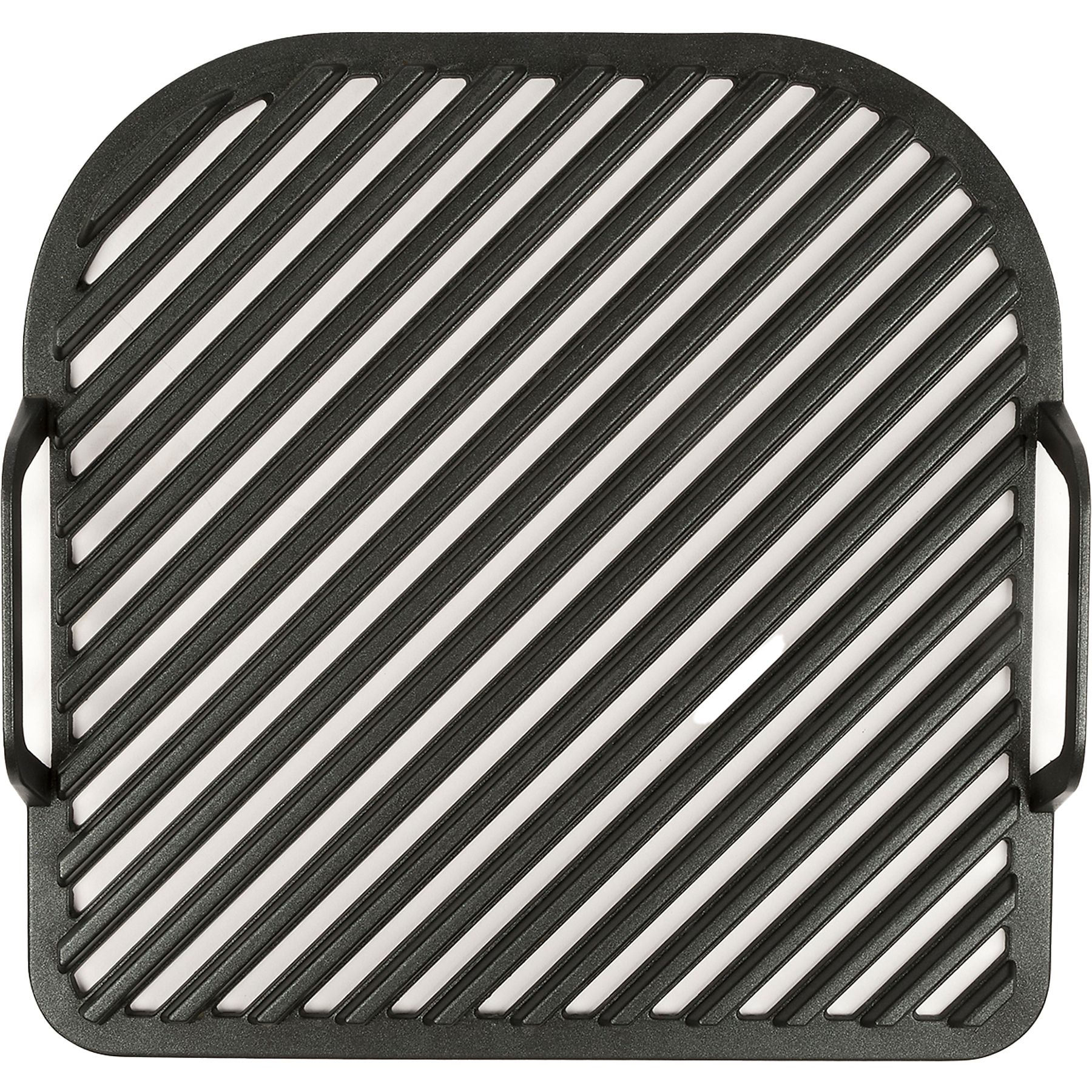 Czarna patelnia grillowa z ukośnymi liniami na białej powierzchni.